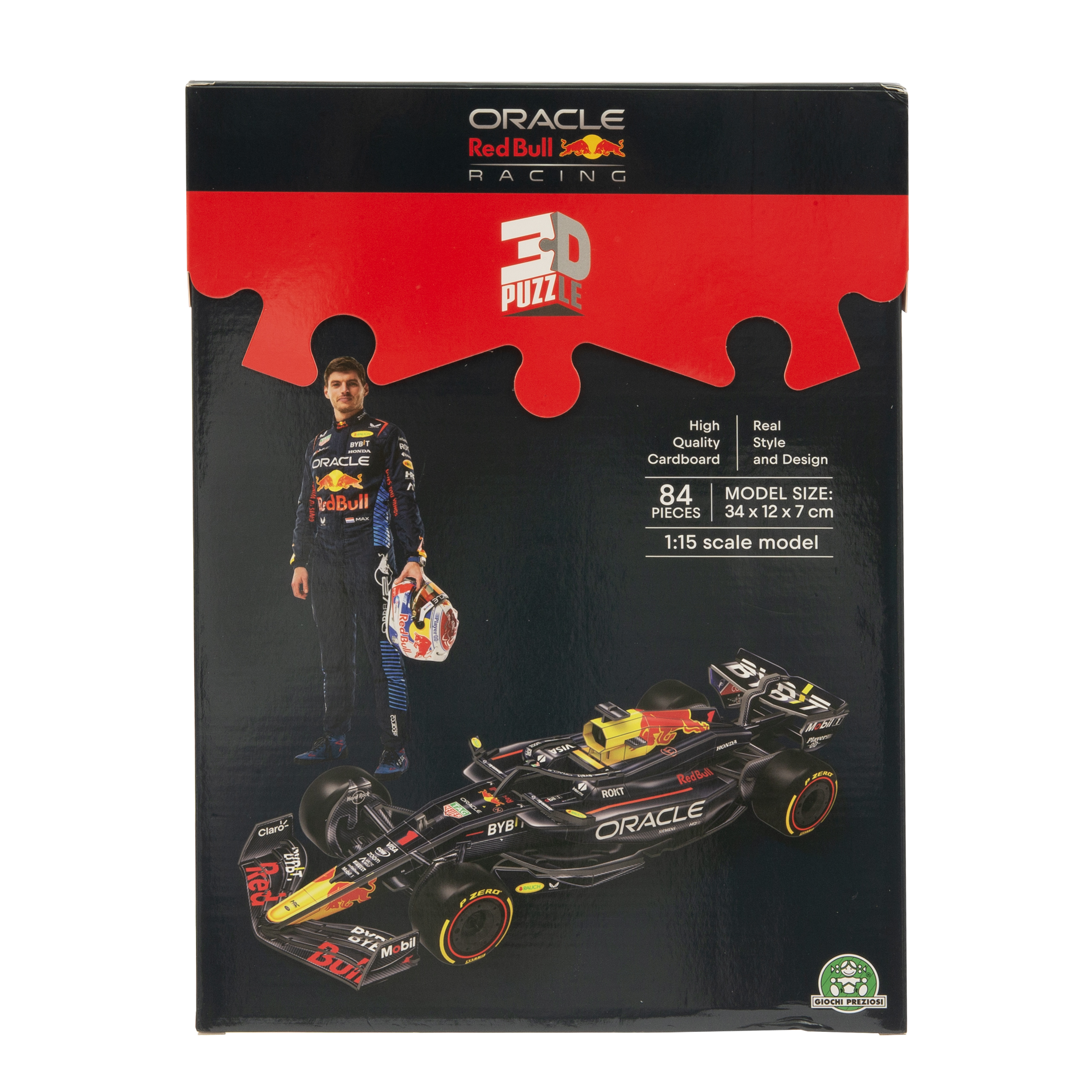 Caja de rompecabezas 3D de Red Bull Racing con Max Verstappen y modelo de coche F1.