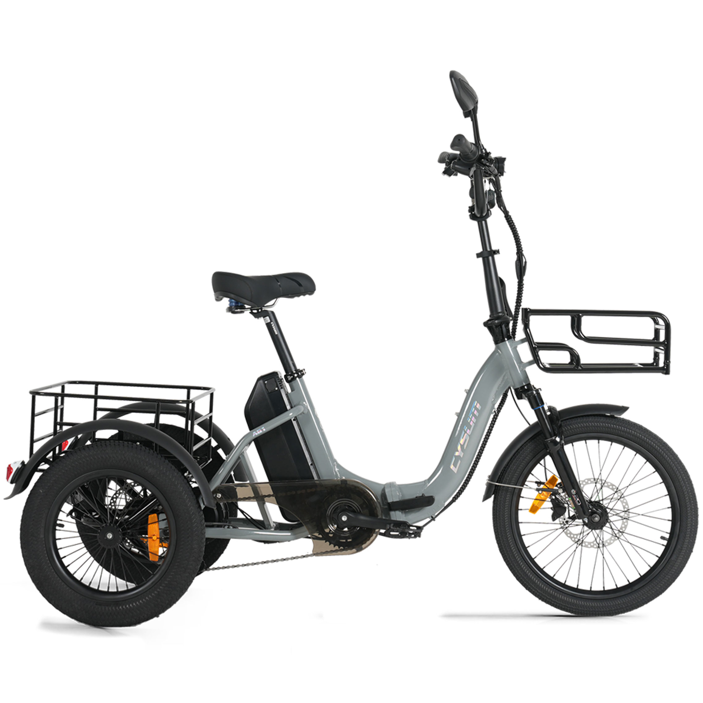 Graues Dreirad-Elektrofahrrad mit Gepäckträgern vorne und hinten.