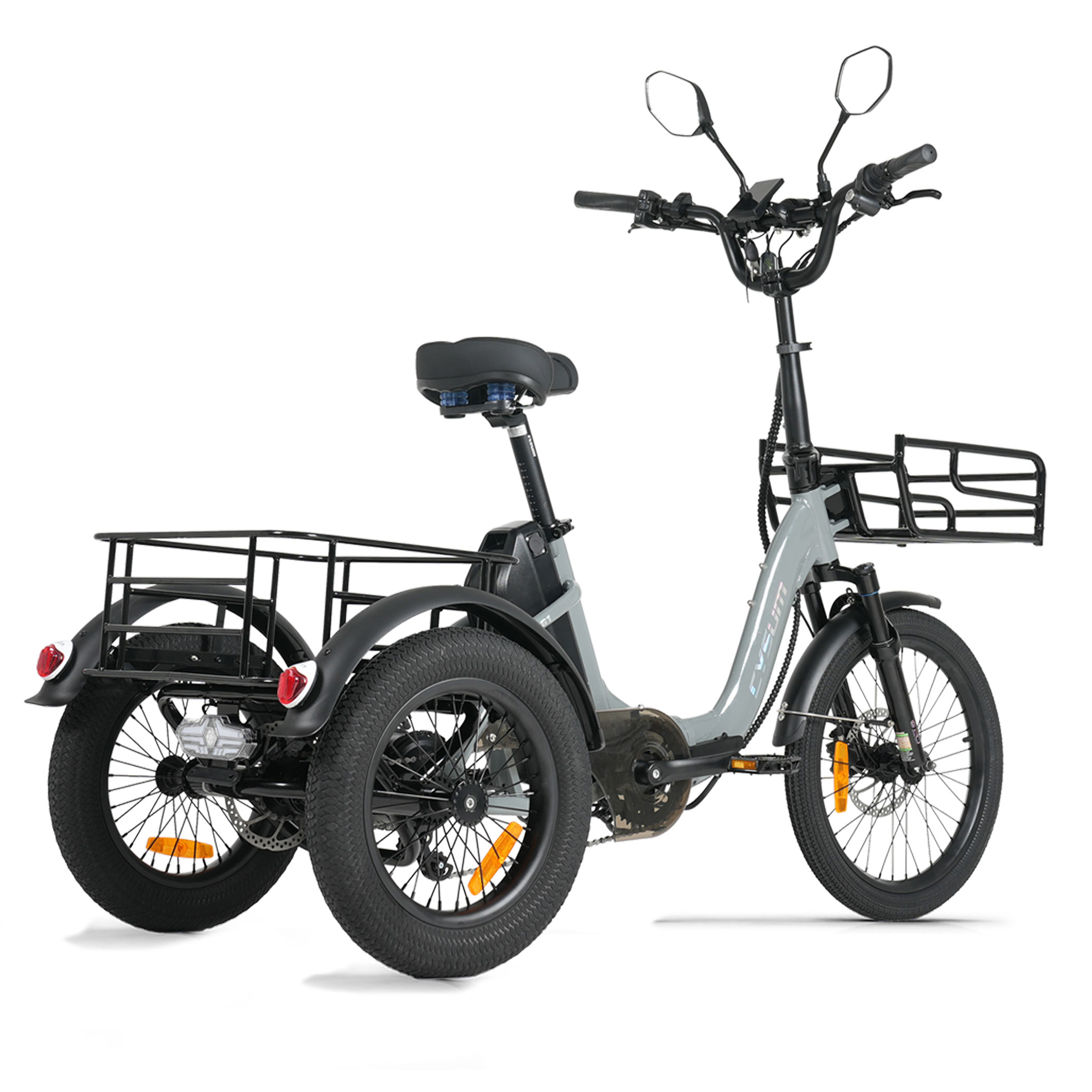 Graues Dreirad-Elektrofahrrad mit Gepäckträgern vorne und hinten.