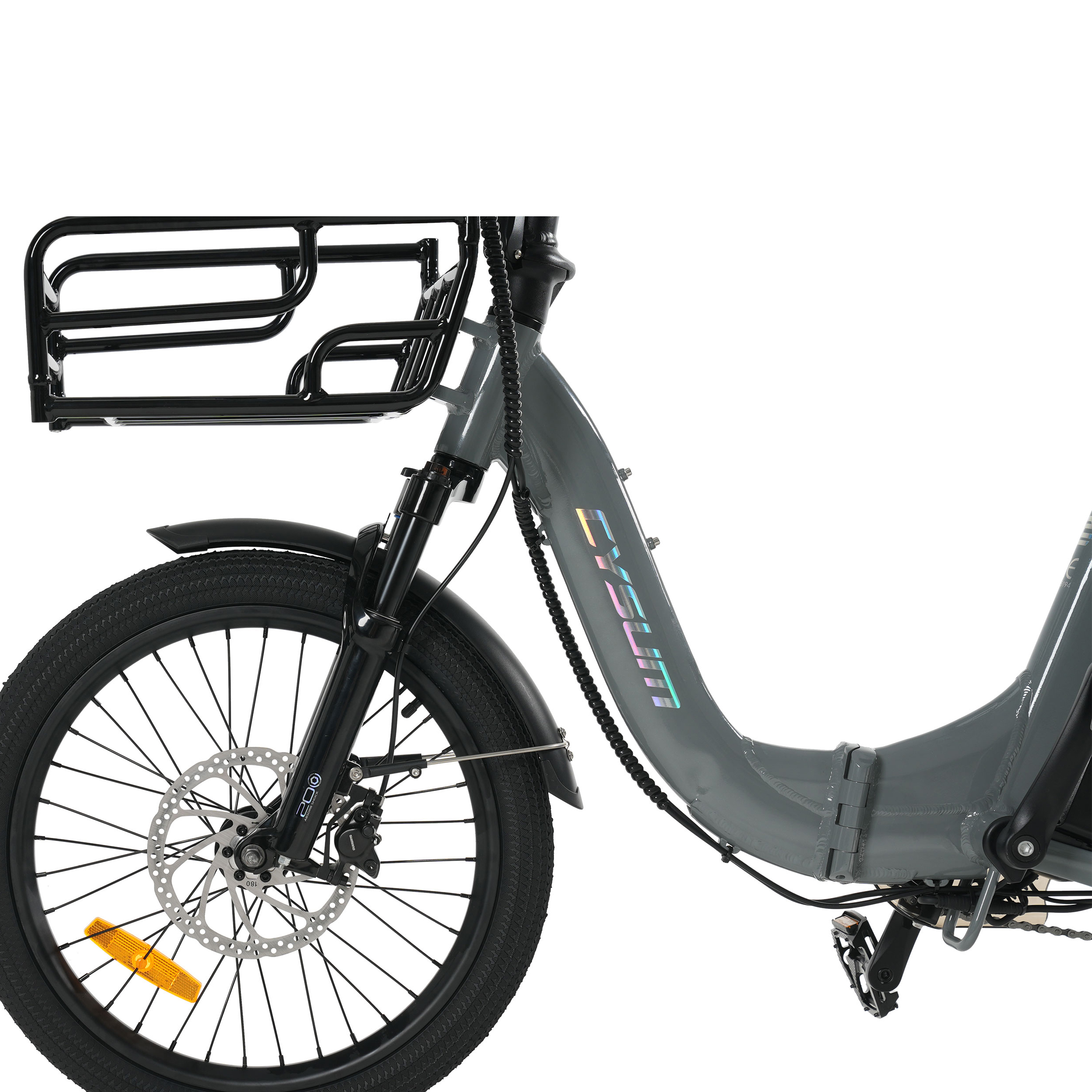 Graues Fahrrad mit schwarzem Gepäckträger vorn und Scheibenbremsen.