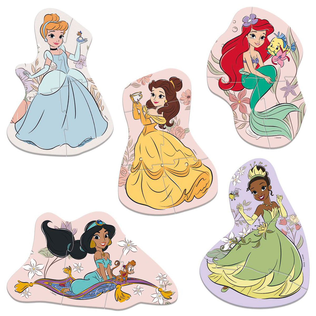 Cinco puzzles de princesas Disney: Cenicienta, Bella, Ariel, Tiana y Jazmín.