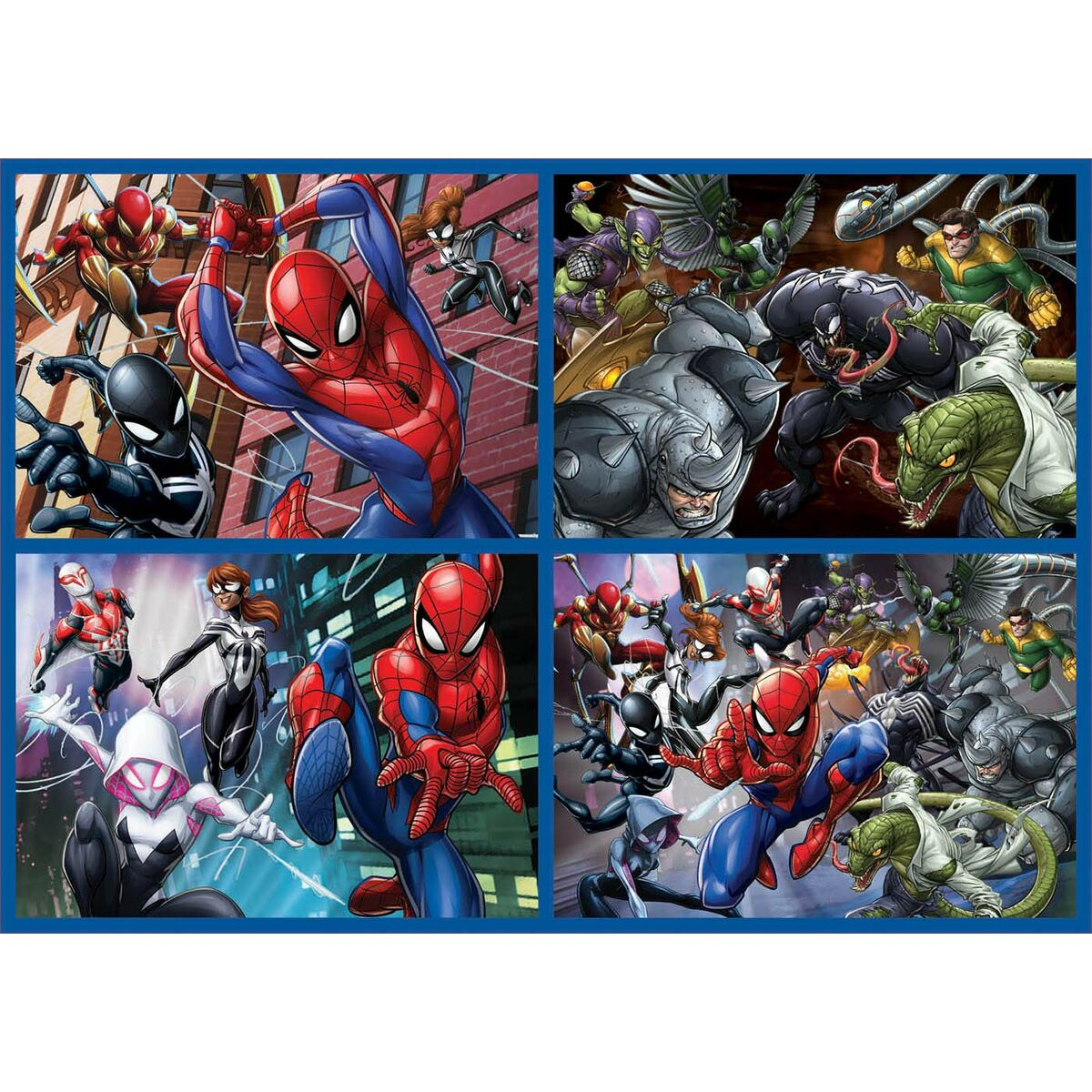 Spider-Man e alleati combattono cattivi come Venom e Rhino in un collage.