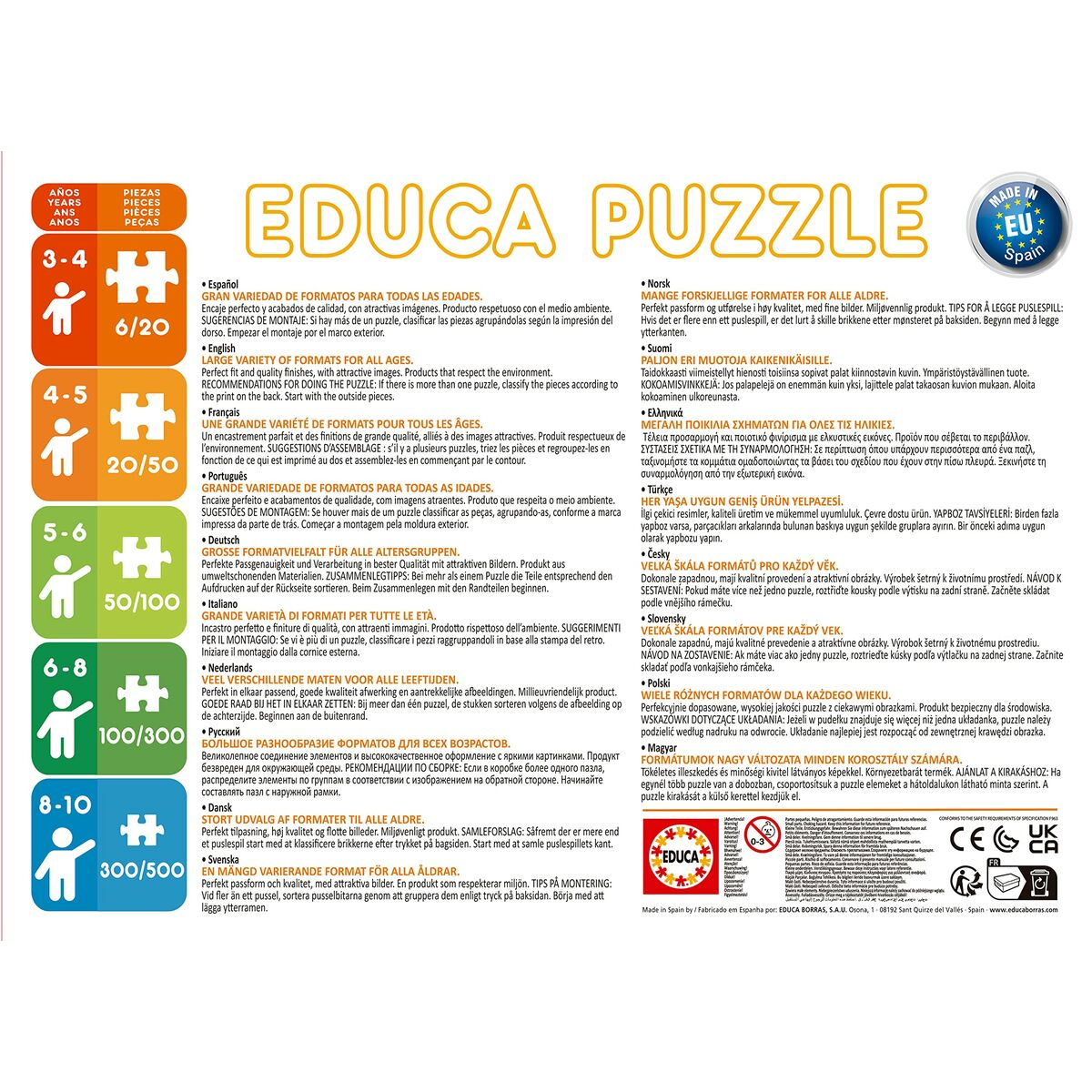 Puzzle Educa: Grande varietà di formati per tutte le età. Alta qualità, ecologico.