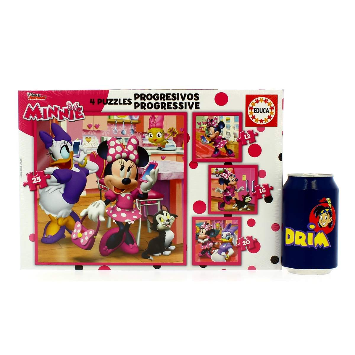 Caja de rompecabezas de Minnie Mouse con personajes de Disney y una lata azul.