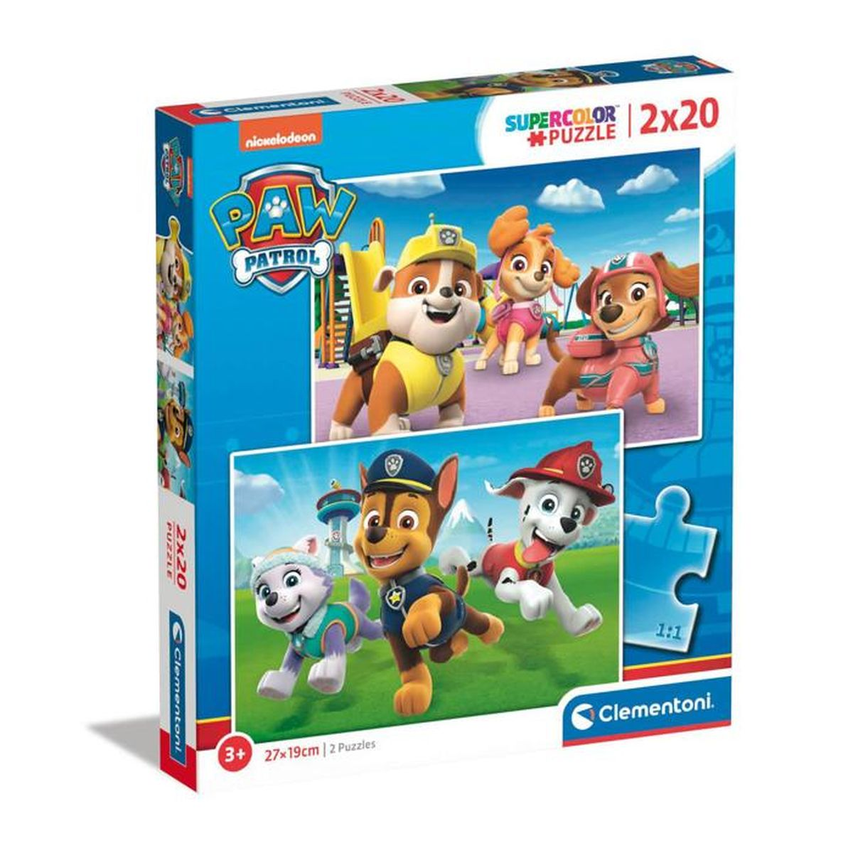Scatola puzzle Paw Patrol con quattro cani all'aperto, Chase e Marshall davanti.