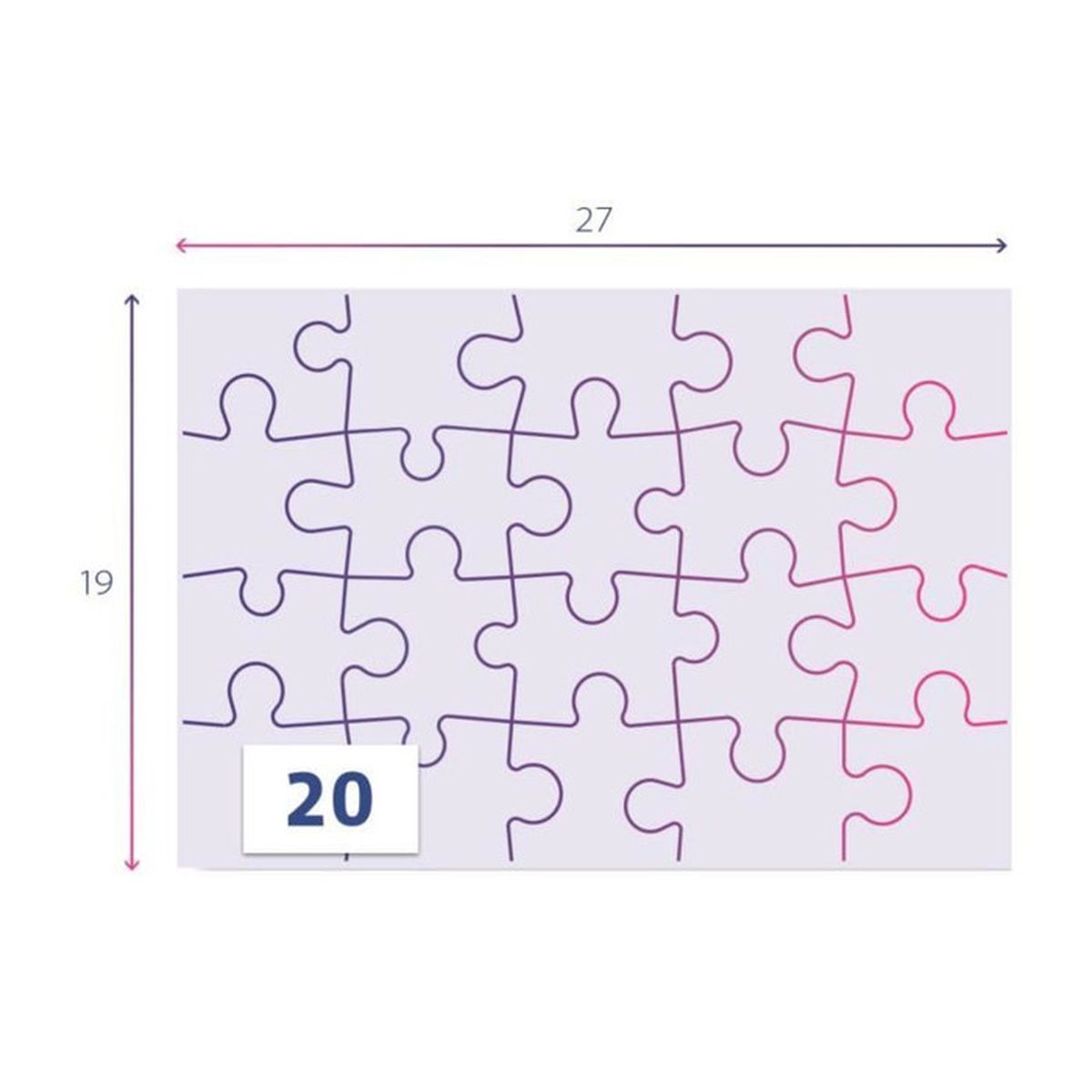 Un puzzle da 20 pezzi su sfondo viola chiaro. Dimensioni: 27x19.