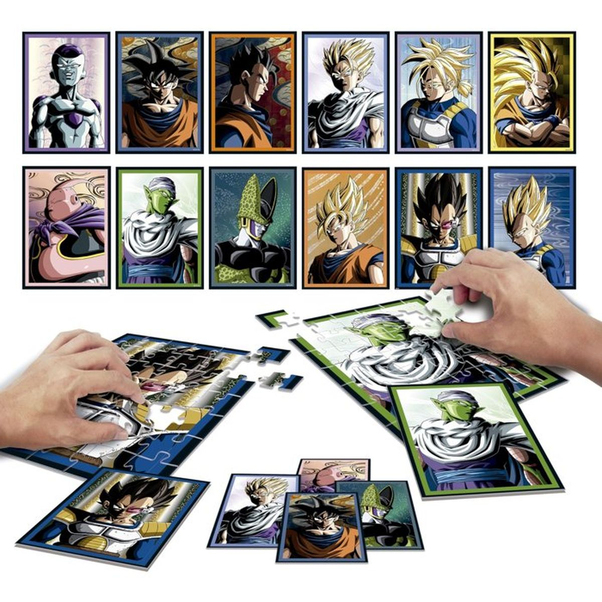 Puzzle di Dragon Ball Z assemblati da mani, con carte personaggio sullo sfondo.