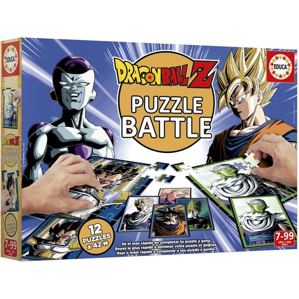 Scatola Puzzle Battle Dragon Ball Z con Goku e Frieza. Bambini che mettono pezzi.