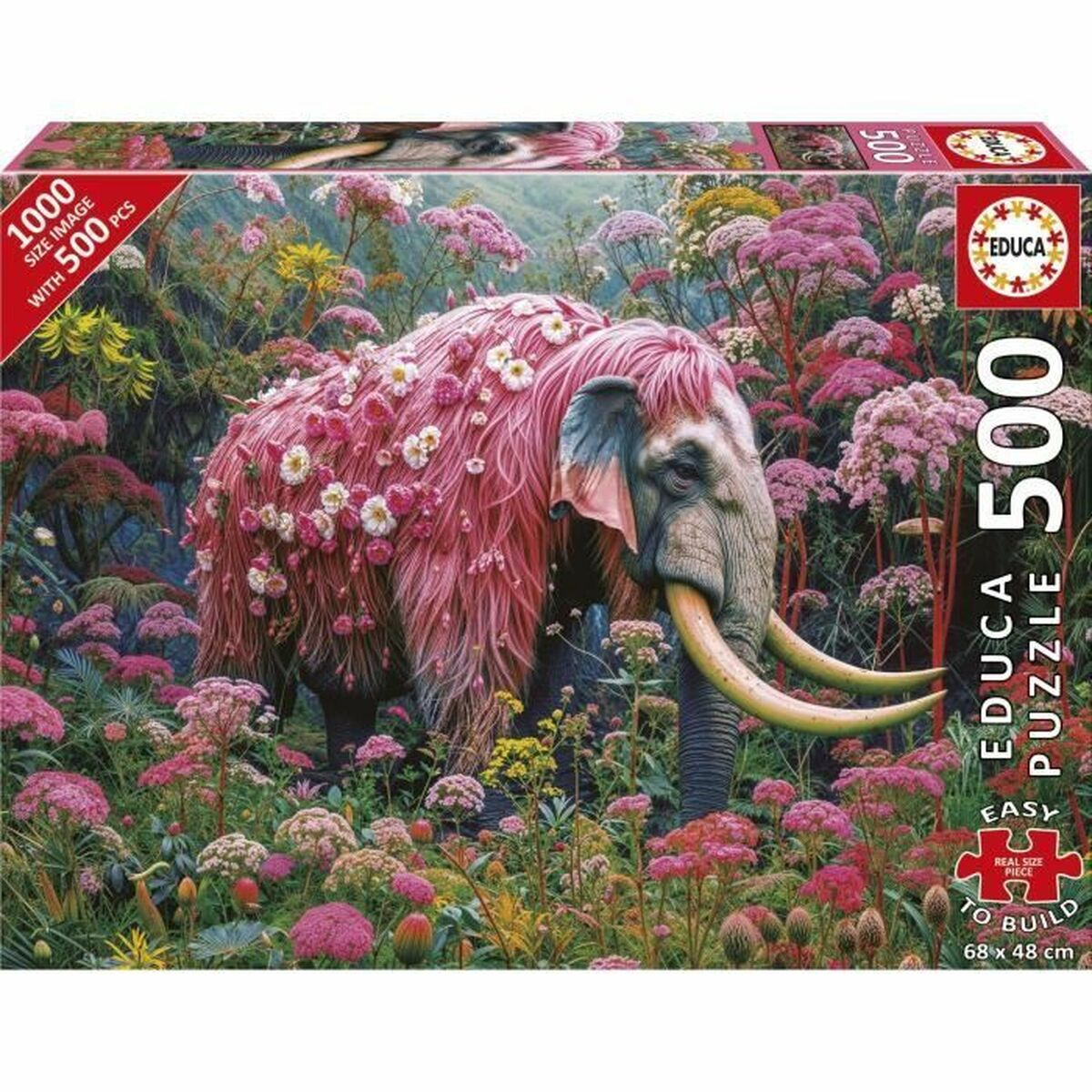 Un mamut lanudo rosa adornado con flores en un paisaje exuberante y florido.