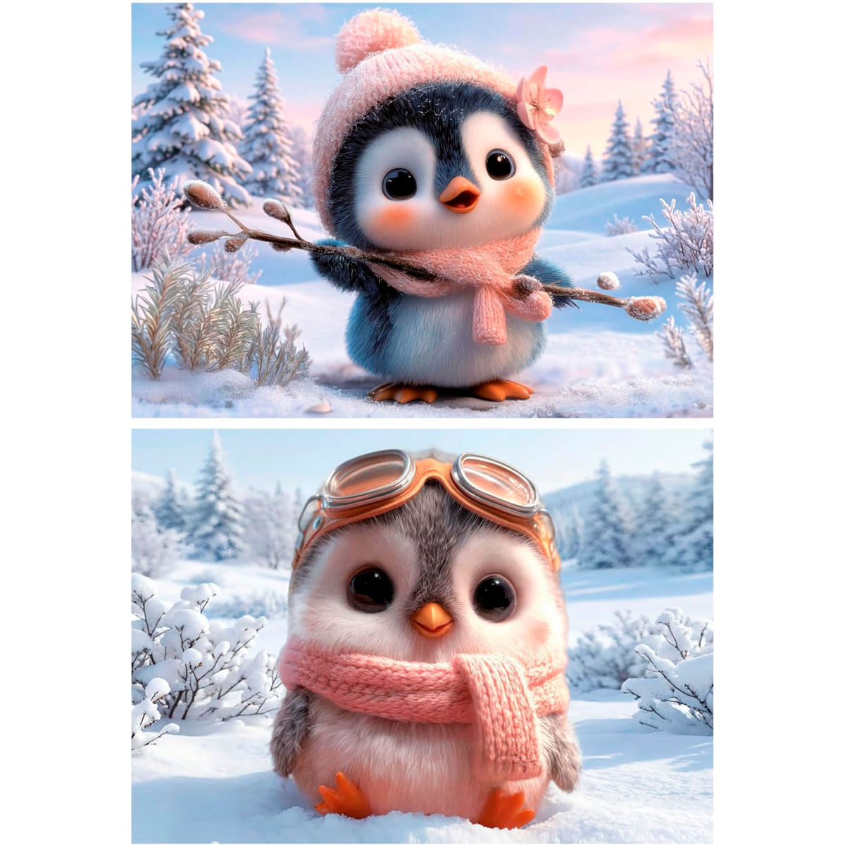 Lindos pingüinos de dibujos animados en la nieve. Uno lleva gorro y bufanda rosas, sujetando una ramita. El otro lleva gafas y bufanda.
