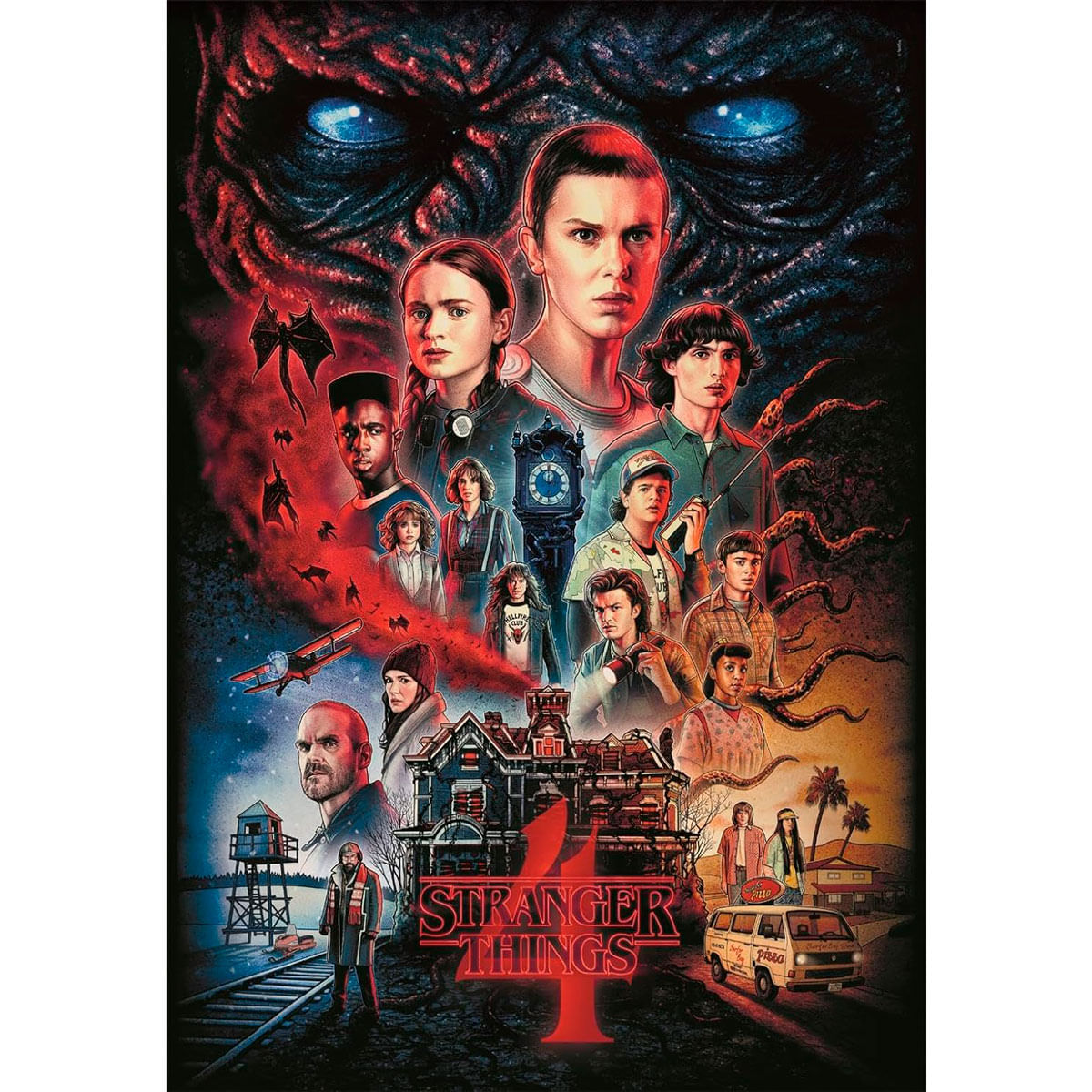 Póster de Stranger Things 4 con personajes, una casa y el ojo maligno.