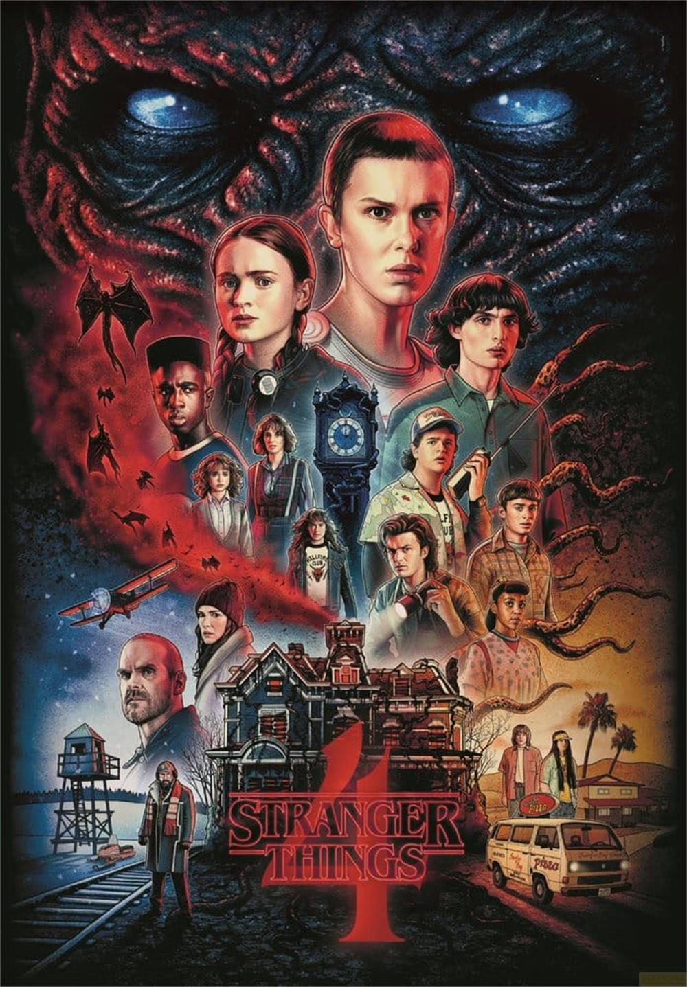 El póster de "Stranger Things 4" muestra personajes, una casa y un ojo malvado.