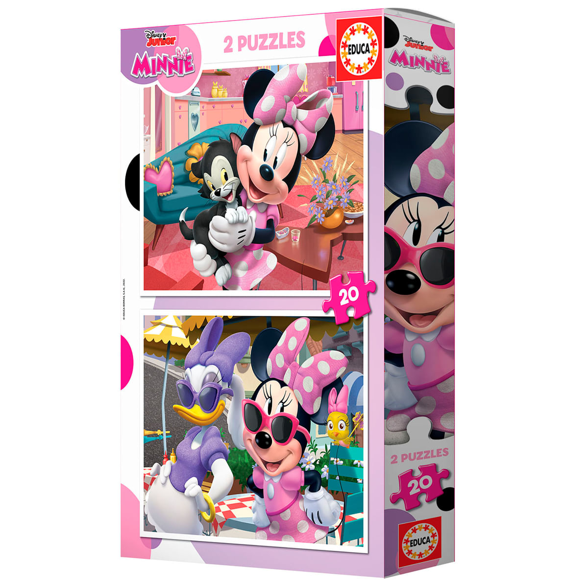 Minnie Mouse con gatto dentro, Daisy con Minnie fuori. Due puzzle.