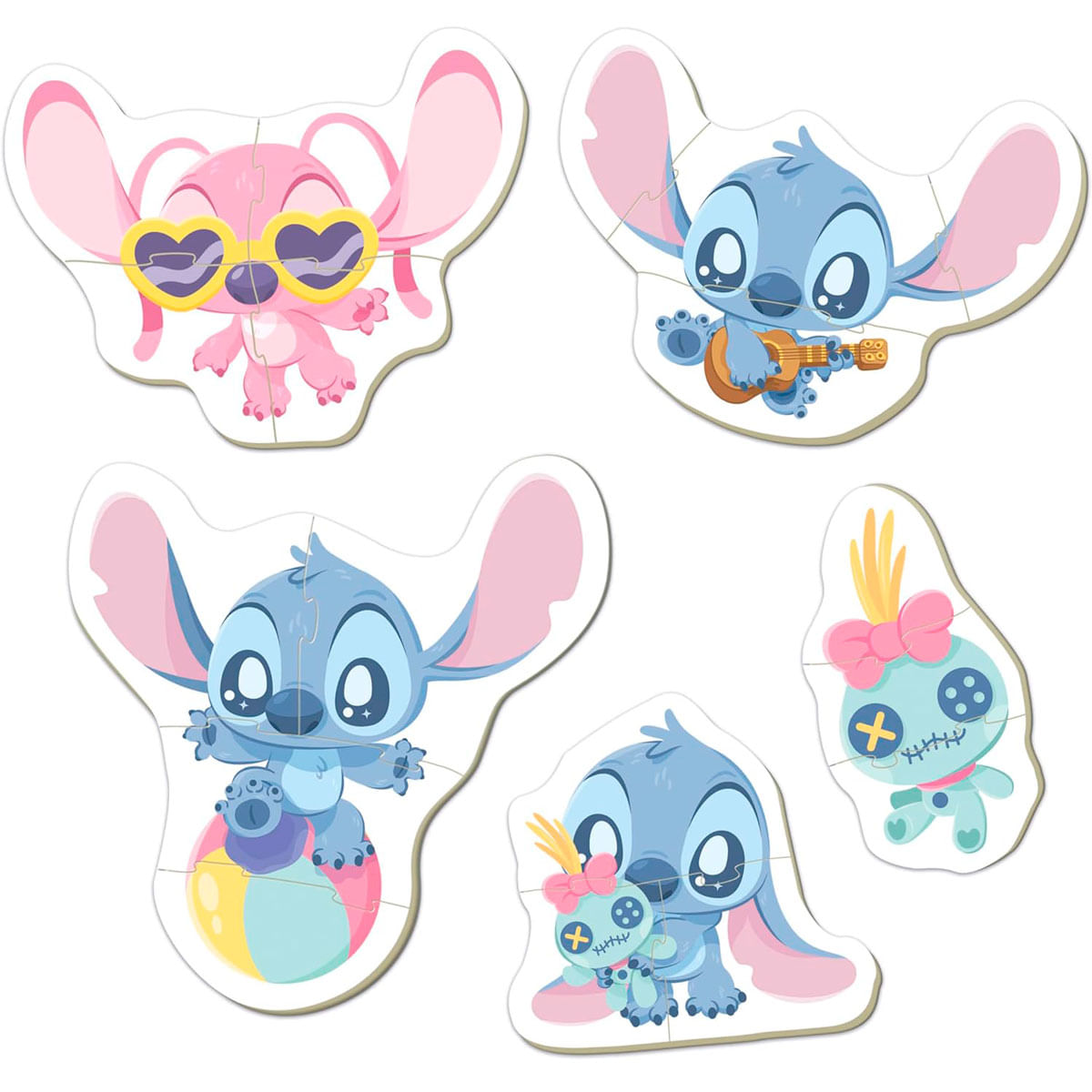 Cuatro piezas de puzzle de Stitch: una rosa con gafas de sol, una con guitarra, una en pelota, una con muñeca.