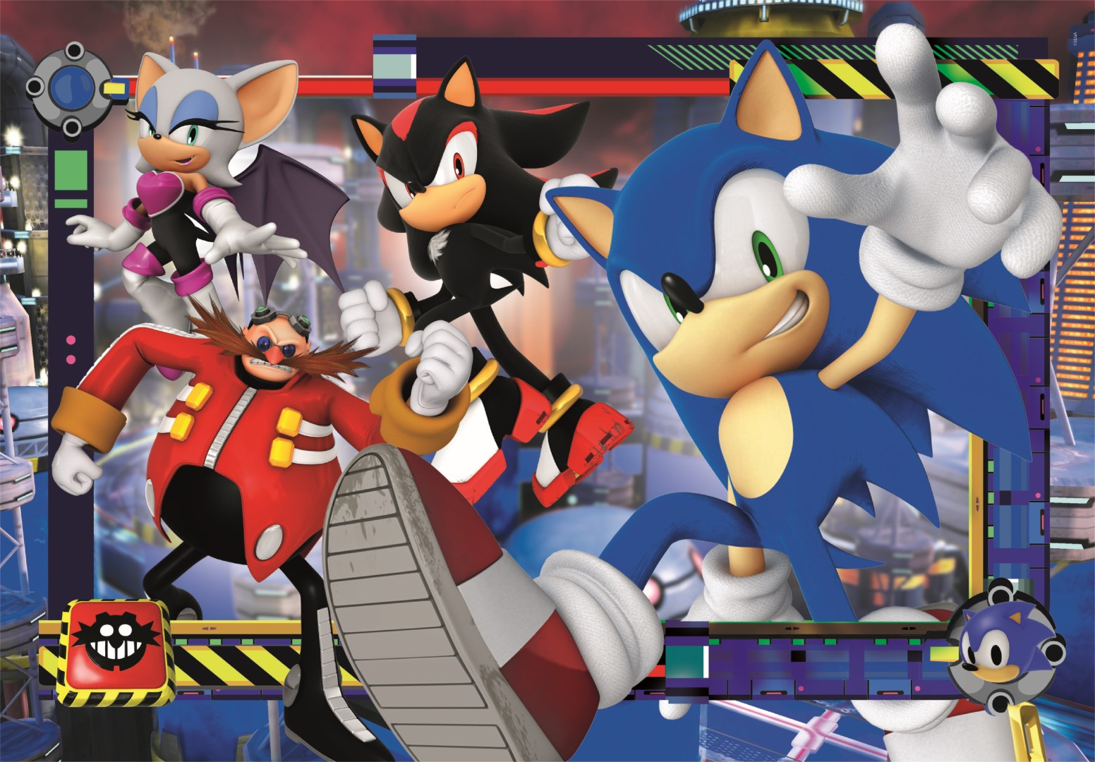 Sonic, Shadow, Rouge y Dr. Eggman posan en un entorno de ciudad futurista.
