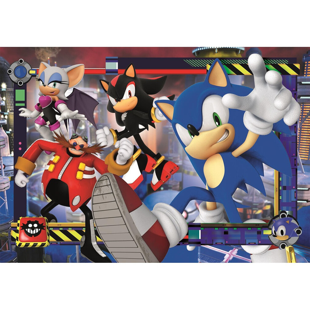 Sonic, Shadow, Rouge, Eggman y Metal Sonic en una ciudad futurista.