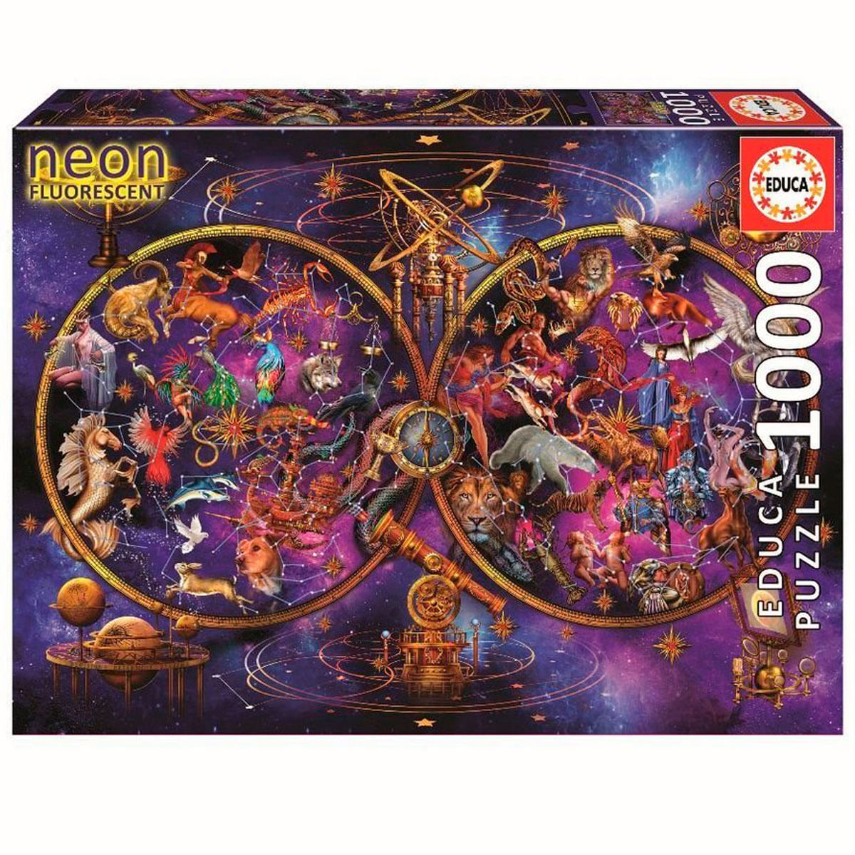 Caja de rompecabezas con signos zodiacales, animales y elementos cósmicos en fondo morado.