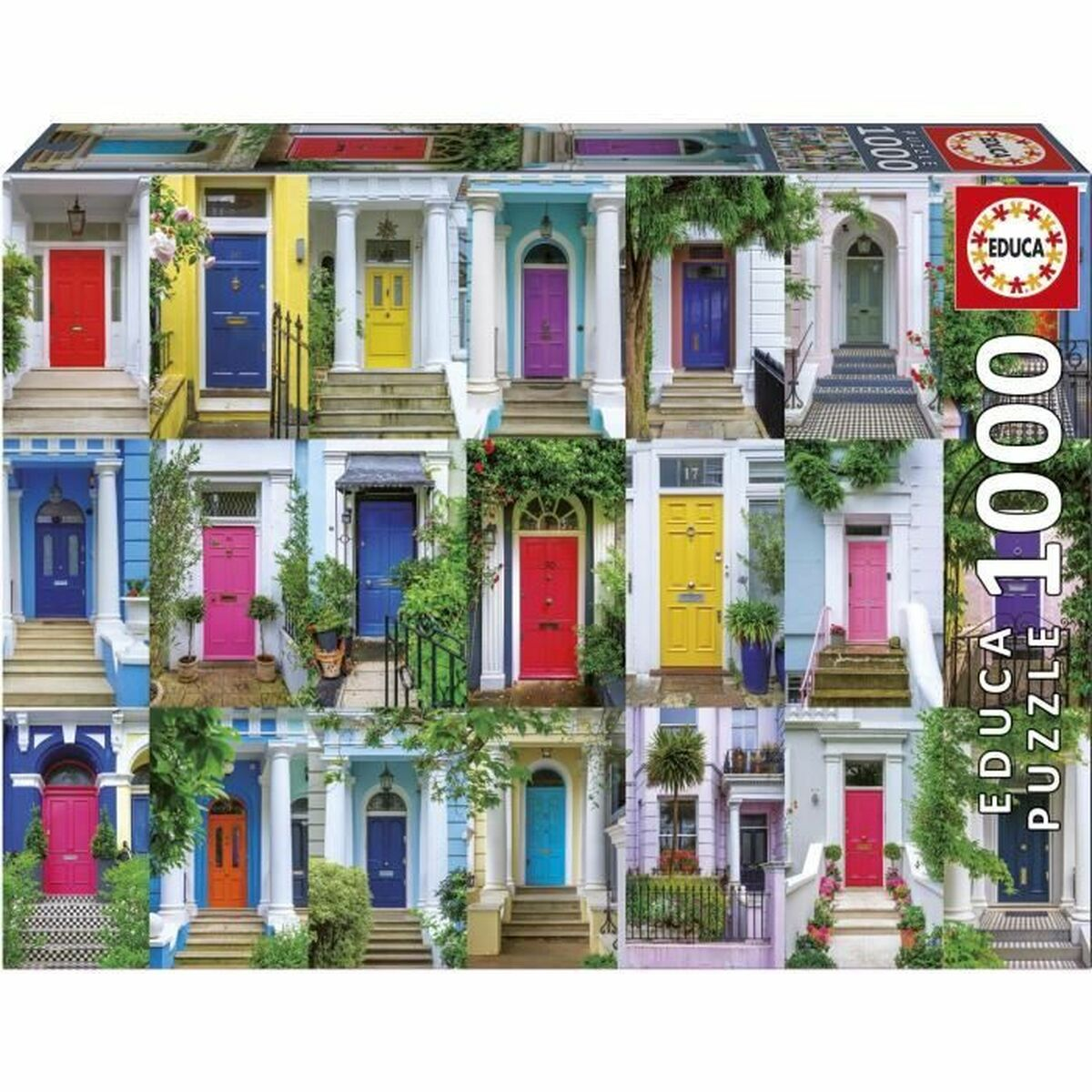 Collage bunter Türen mit Stufen und Pflanzen. EDUCA 1000 Puzzle.