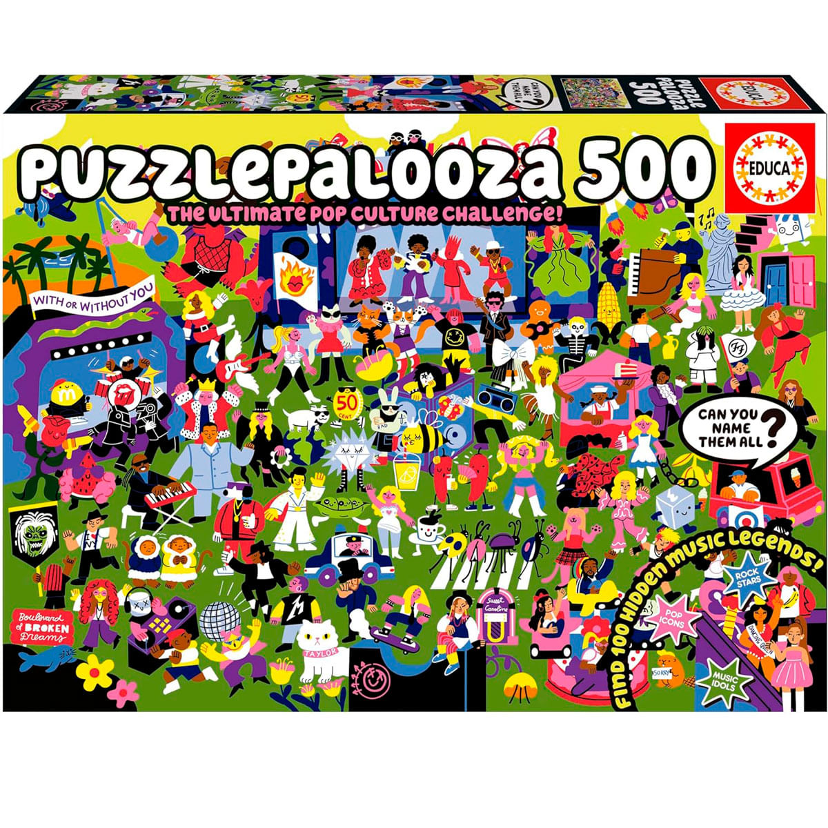 Caja de rompecabezas colorida con figuras de cultura pop y leyendas musicales.