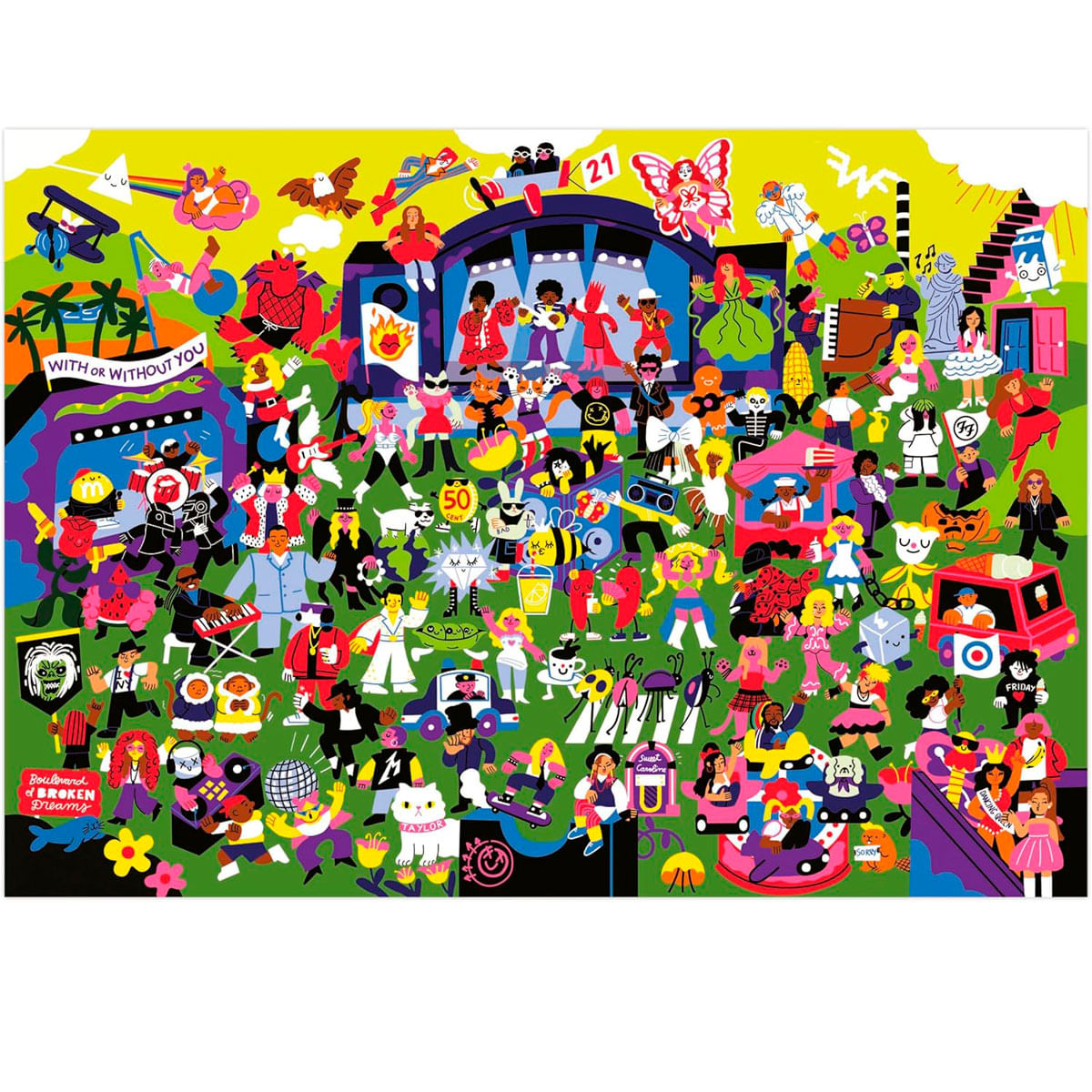 Ilustración colorida de muchas figuras en un prado verde con un escenario.