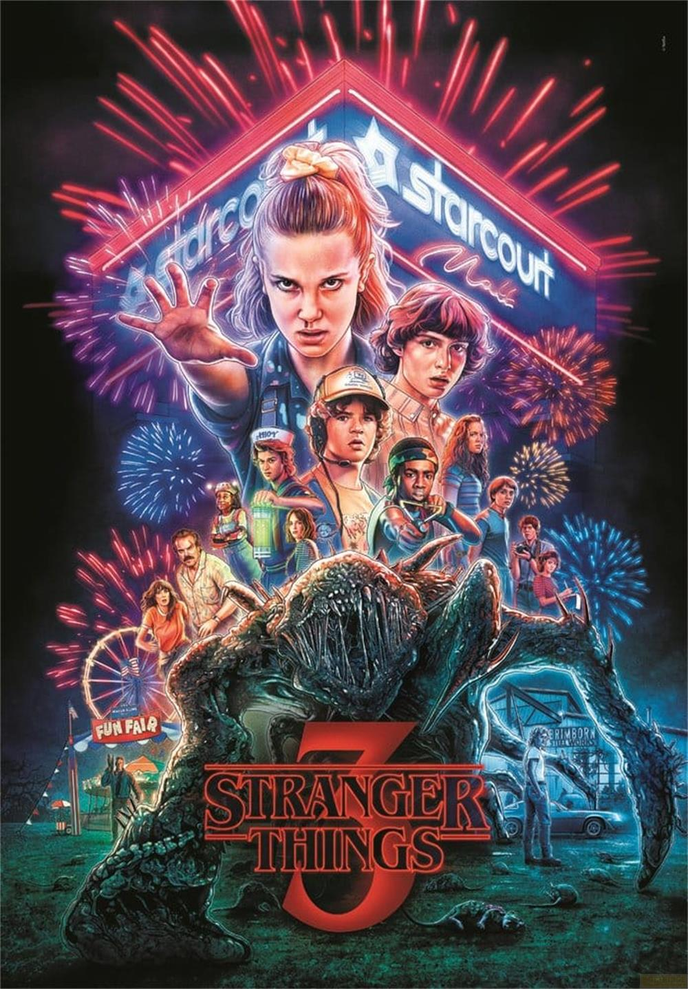 Póster de Stranger Things 3: Monstruo, niños, Starcourt Mall, fuegos artificiales.