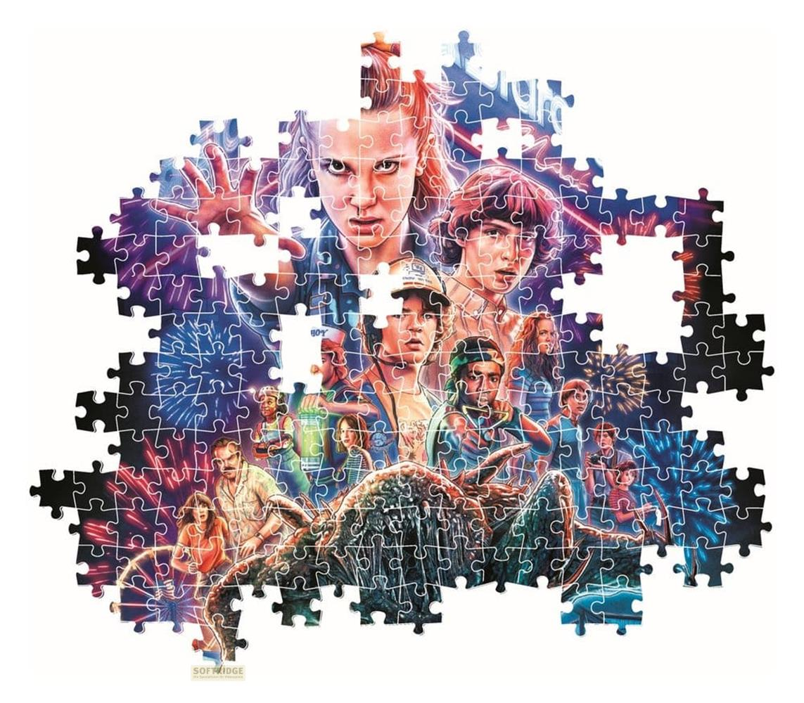 Imagen de rompecabezas con personajes de Stranger Things, monstruo y fuegos artificiales.