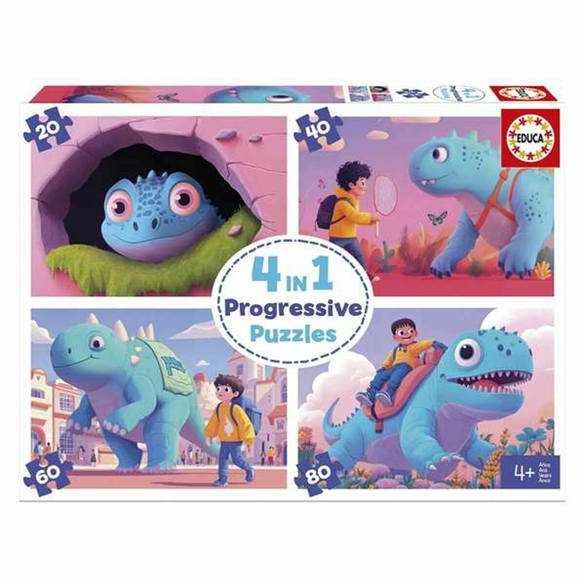 Quattro puzzle: dino con bambino fuori, dino in grotta, dino con racchetta, dino con bambino cavaliere.