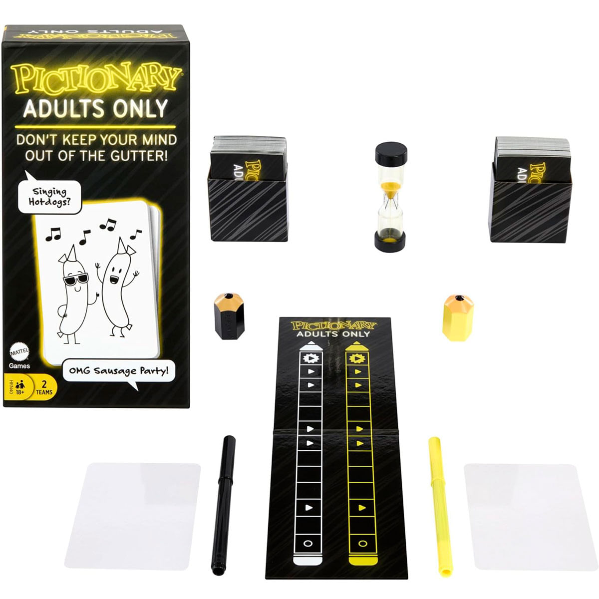 Caja del juego Pictionary Adults Only con cartas, reloj de arena, lápices y fichas.