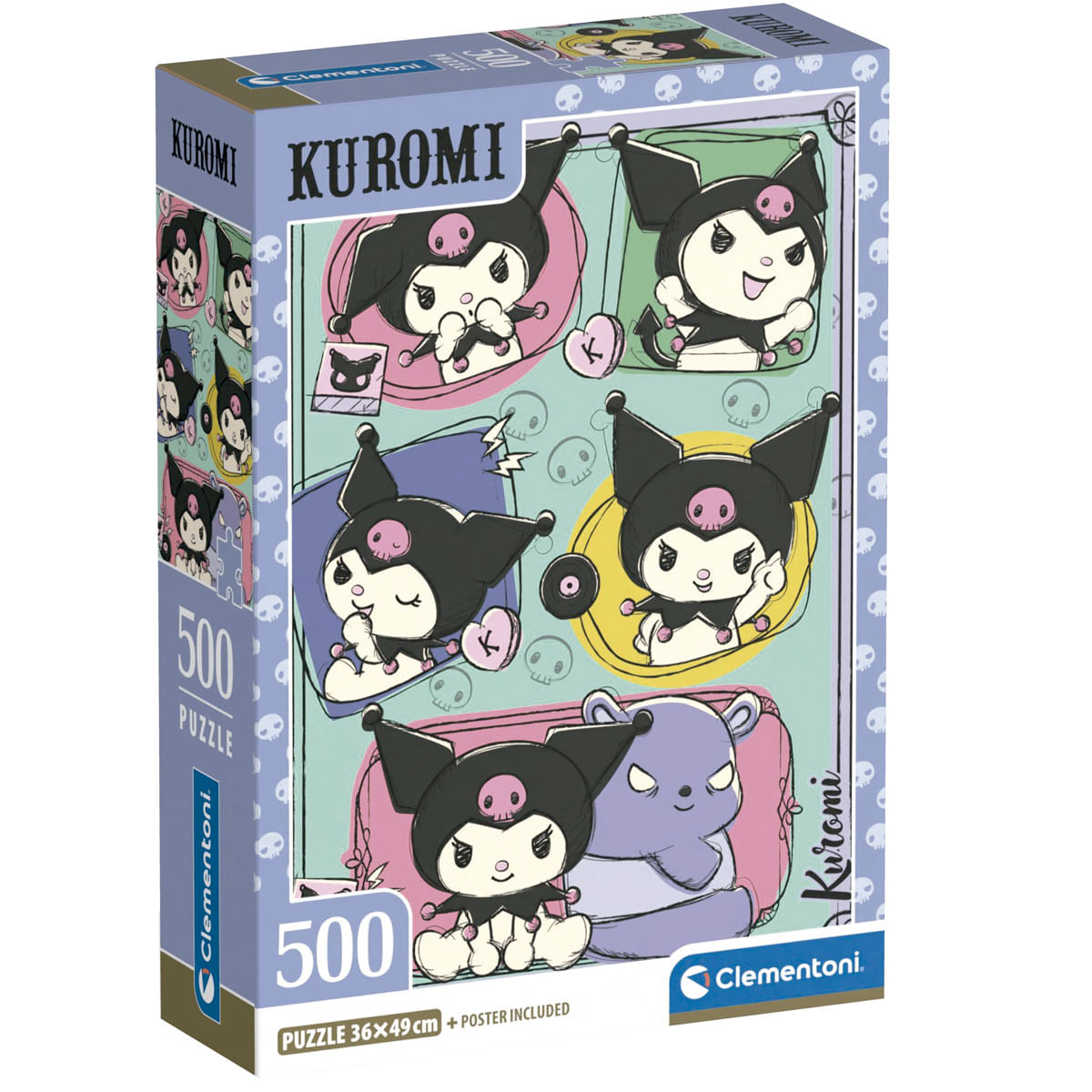Una caja de rompecabezas de Kuromi muestra varias ilustraciones del personaje. Marca Clementoni visible.
