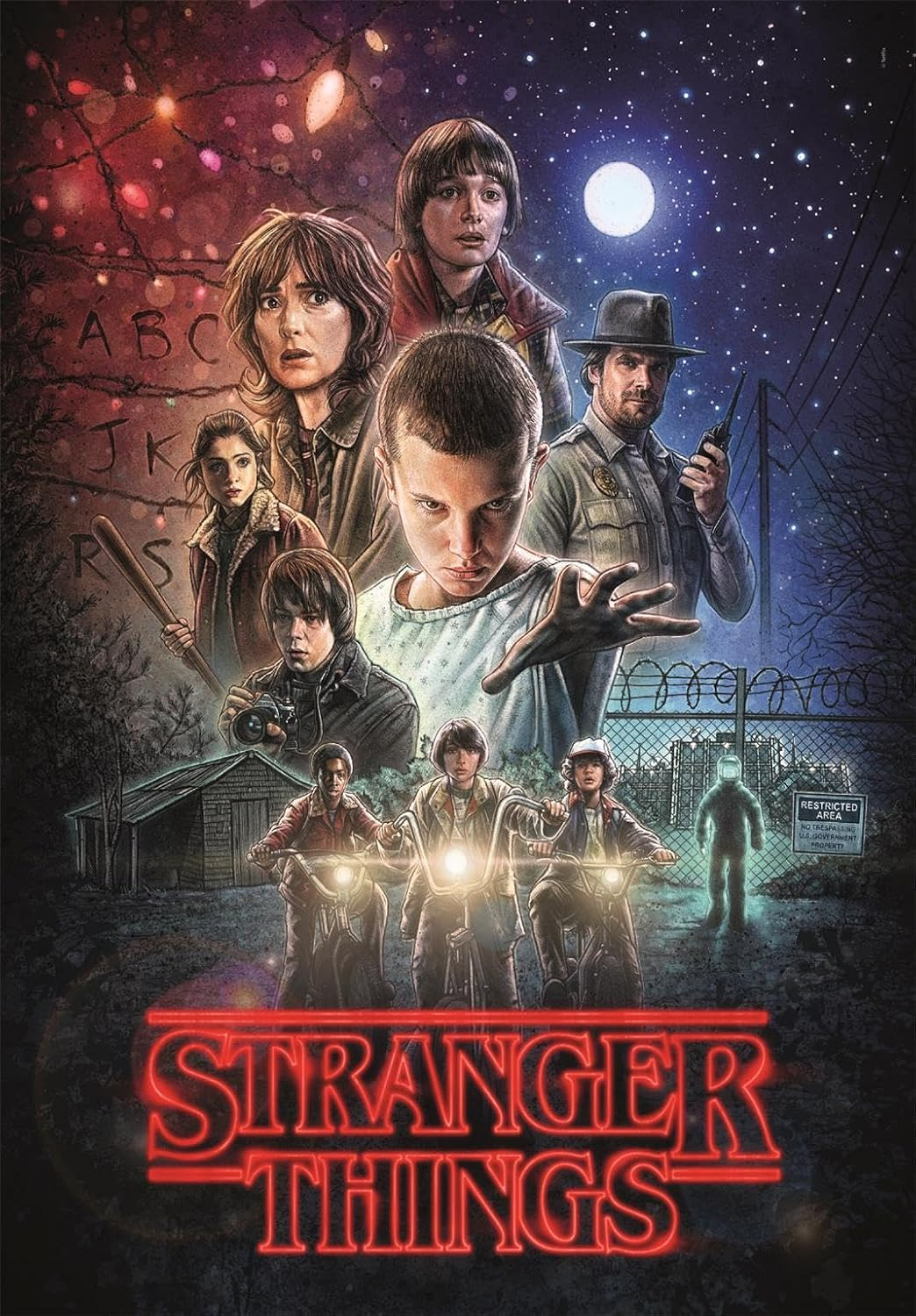 Póster de Stranger Things con personajes, bicicletas y luces en la oscuridad.