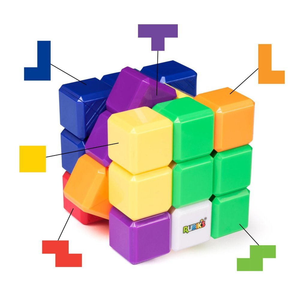 Un cubo de Rubik con bloques de construcción coloridos y formas de Tetris.