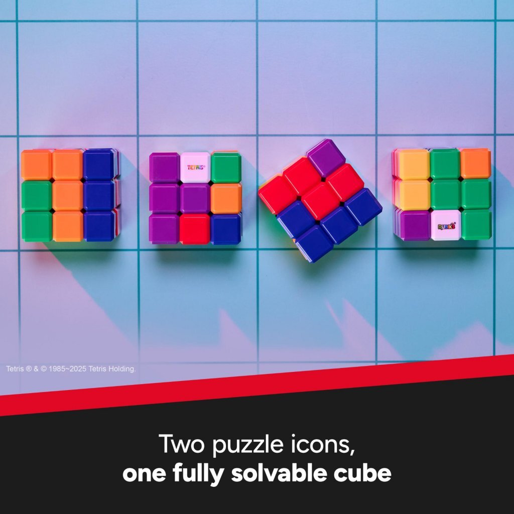 Cuatro cubos coloridos de Tetris y Rubik dispuestos en una cuadrícula.