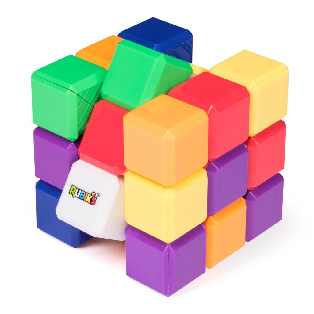 Un cubo de Rubik con algunos bloques desmontados, mostrando bloques rojos, azules, verdes, amarillos, naranjas y púrpuras.