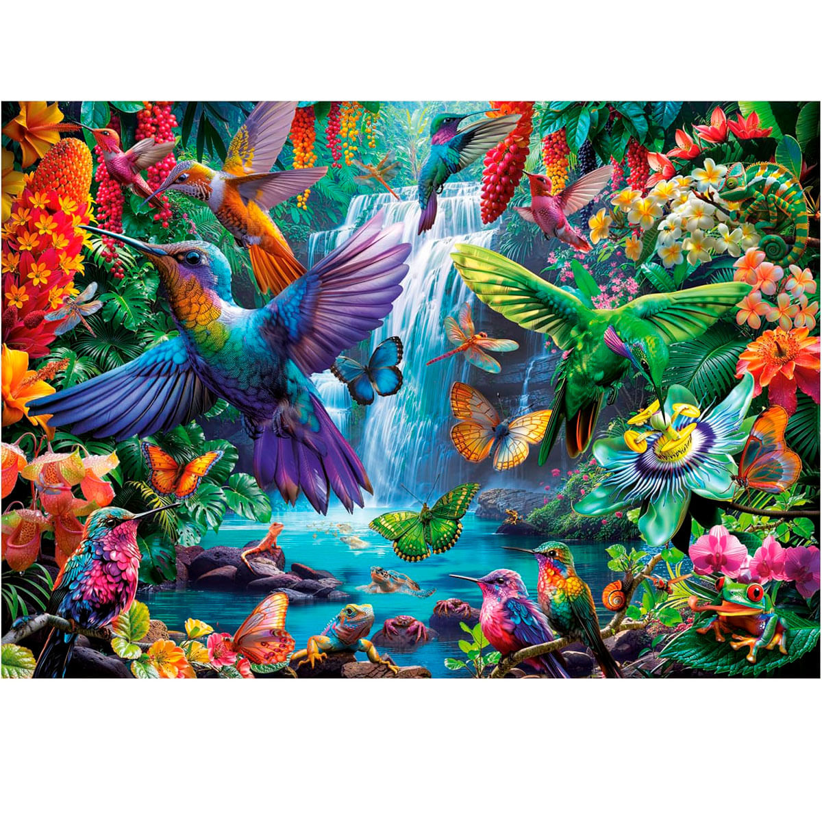 Escena selvática colorida con colibríes, mariposas, lagartos y una cascada.