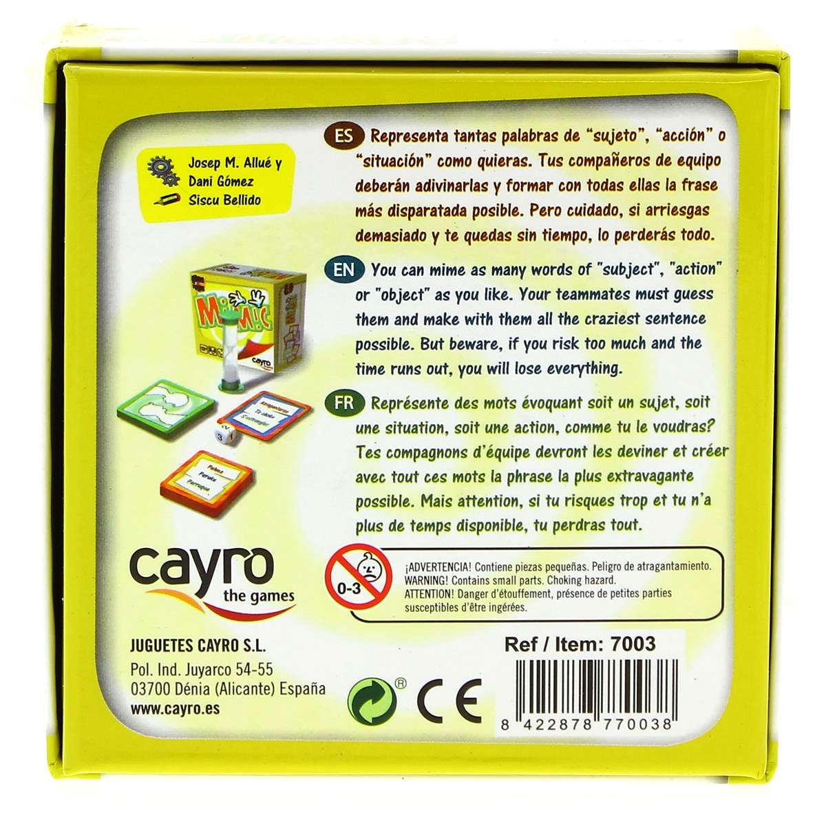 Caja de juego de mesa con cartas, dado e instrucciones en varios idiomas.