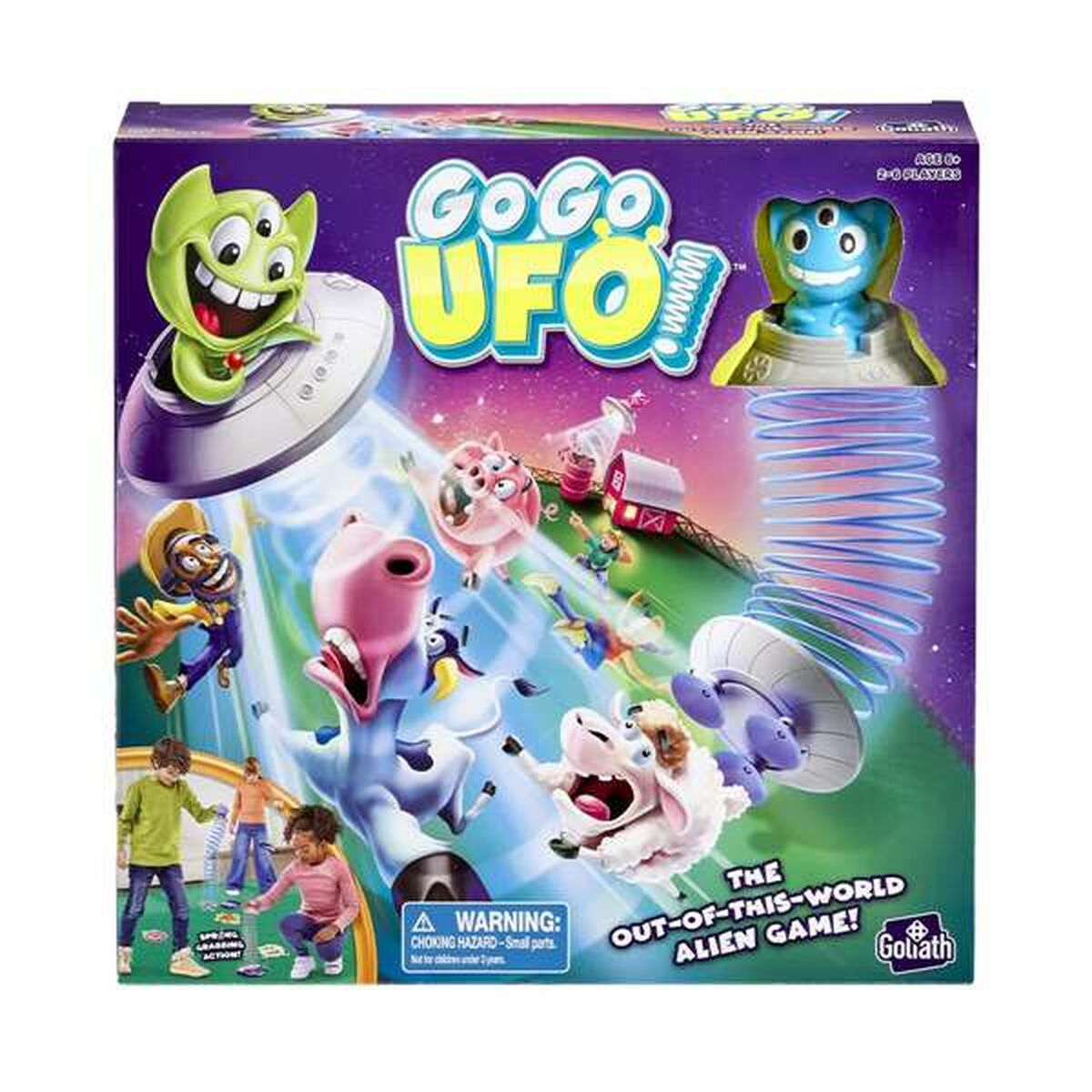 La carátula del juego de mesa Go Go UFO muestra alienígenas abduciendo animales de granja.