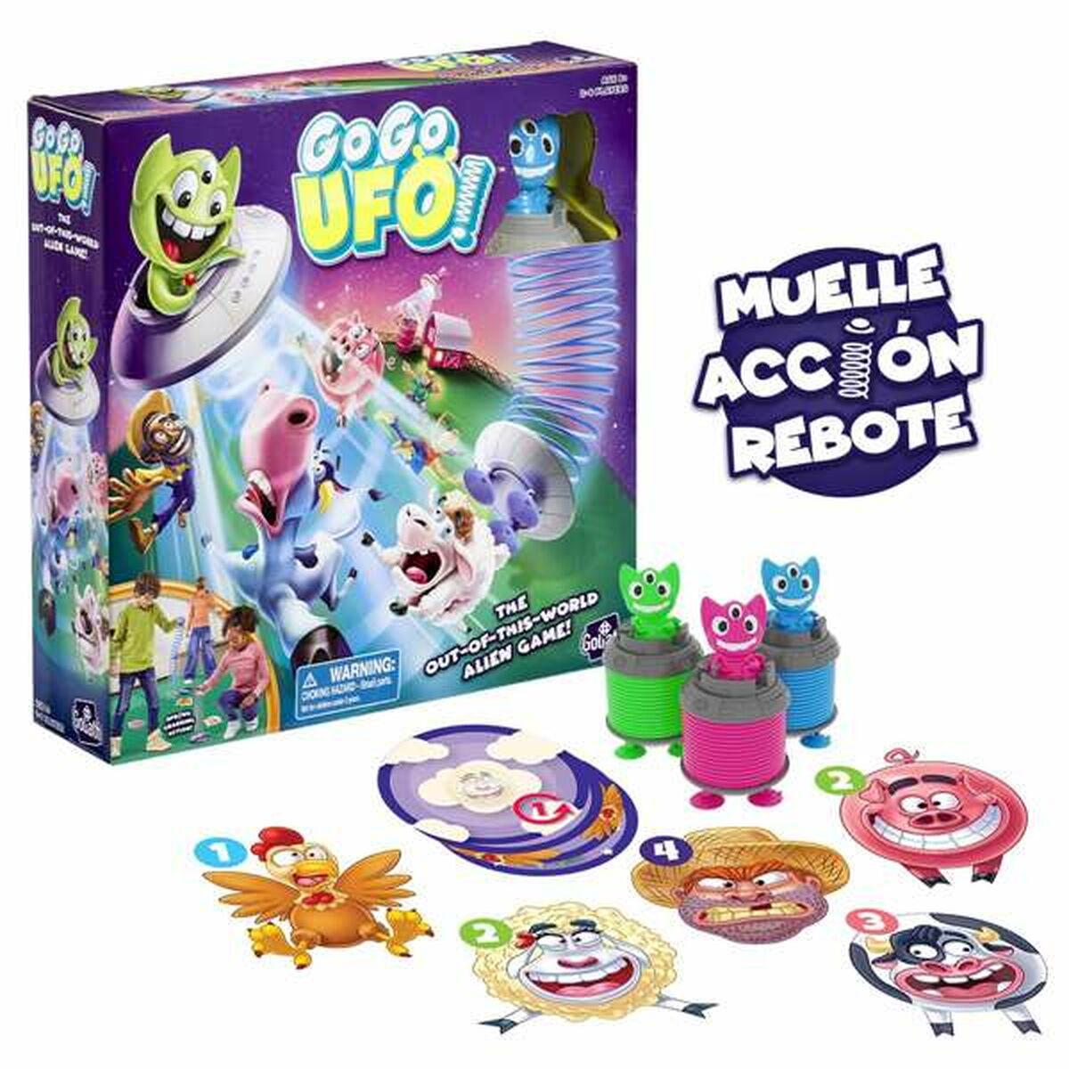 Juego de mesa Go Go UFO con figuras, cartas de pollo, oveja, cerdo y vaca.