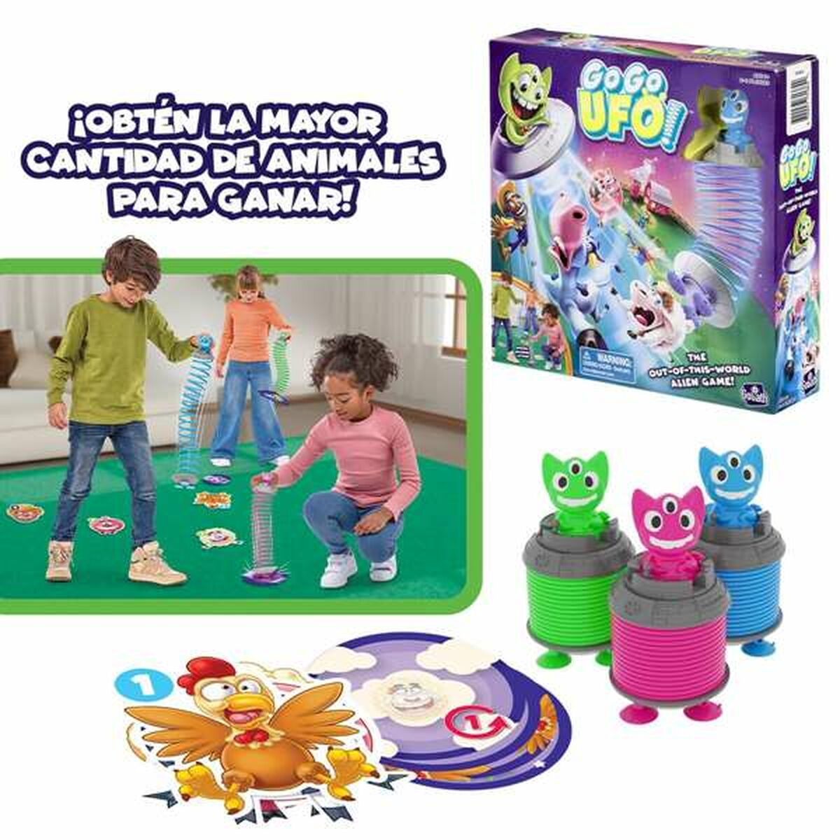 Niños juegan con un juego de OVNIs con alienígenas y resortes.