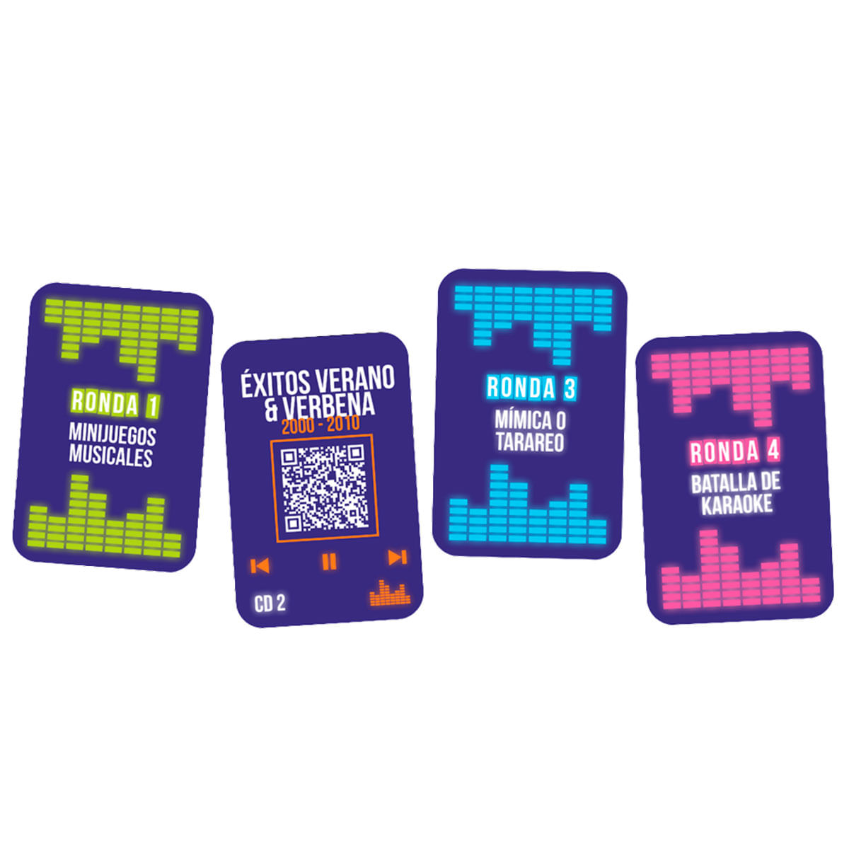 Cuatro tarjetas de juego con temas de música y juegos. Barras verdes, azules y rosas.