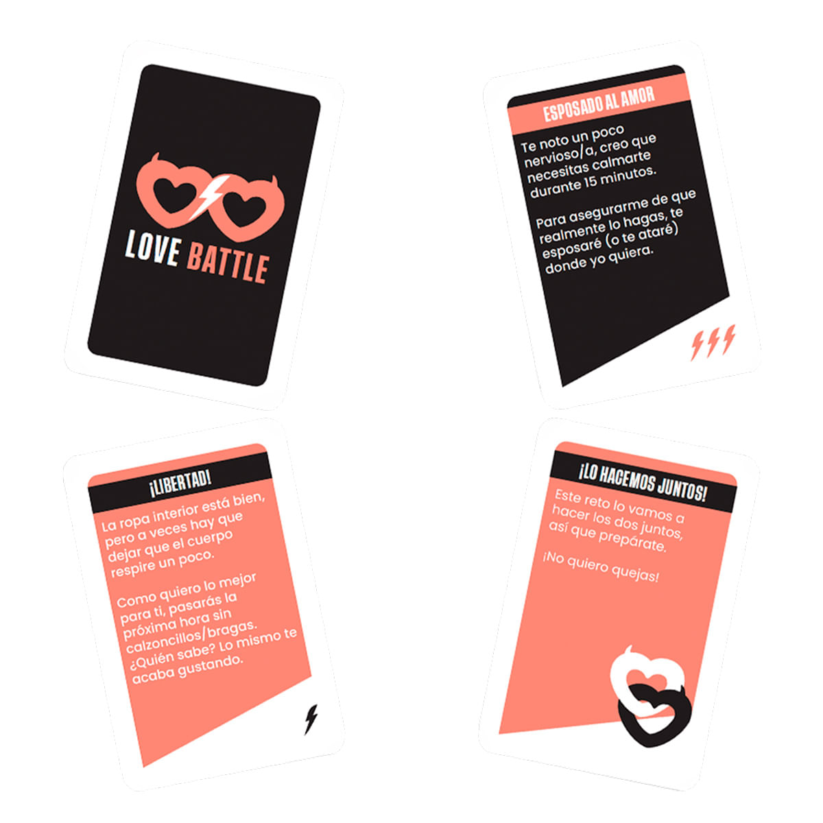 Cuatro cartas con texto y símbolos que describen un juego.