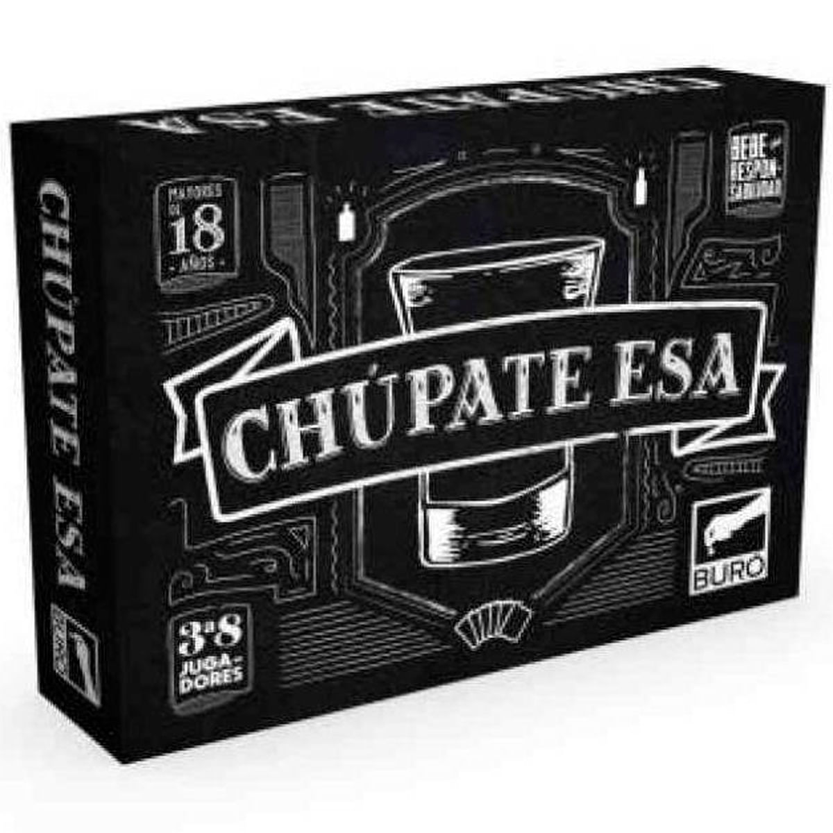 Una caja negra con letras blancas para el juego CHUPATE ESA.