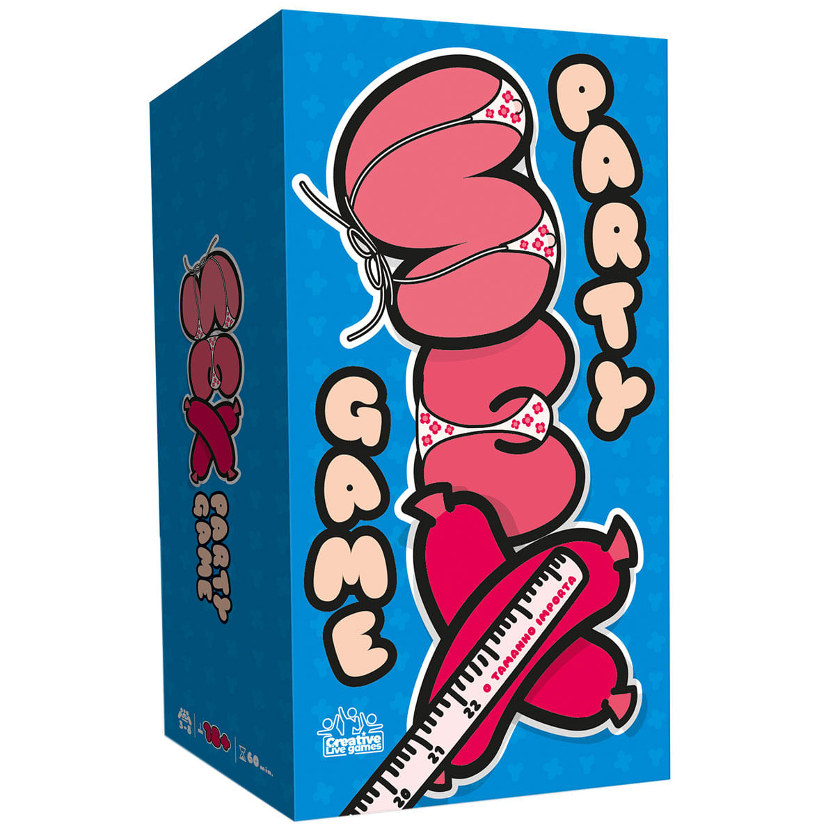 Una caja de juego azul con el texto "MAX GAG PARTY". Presenta figuras rosadas con forma de salchicha en bikini.