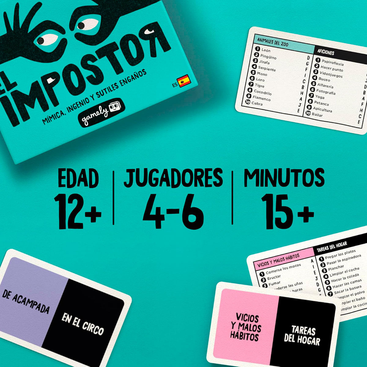 El juego "El Impostor" con detalles de edad, jugadores y tiempo, y cartas.