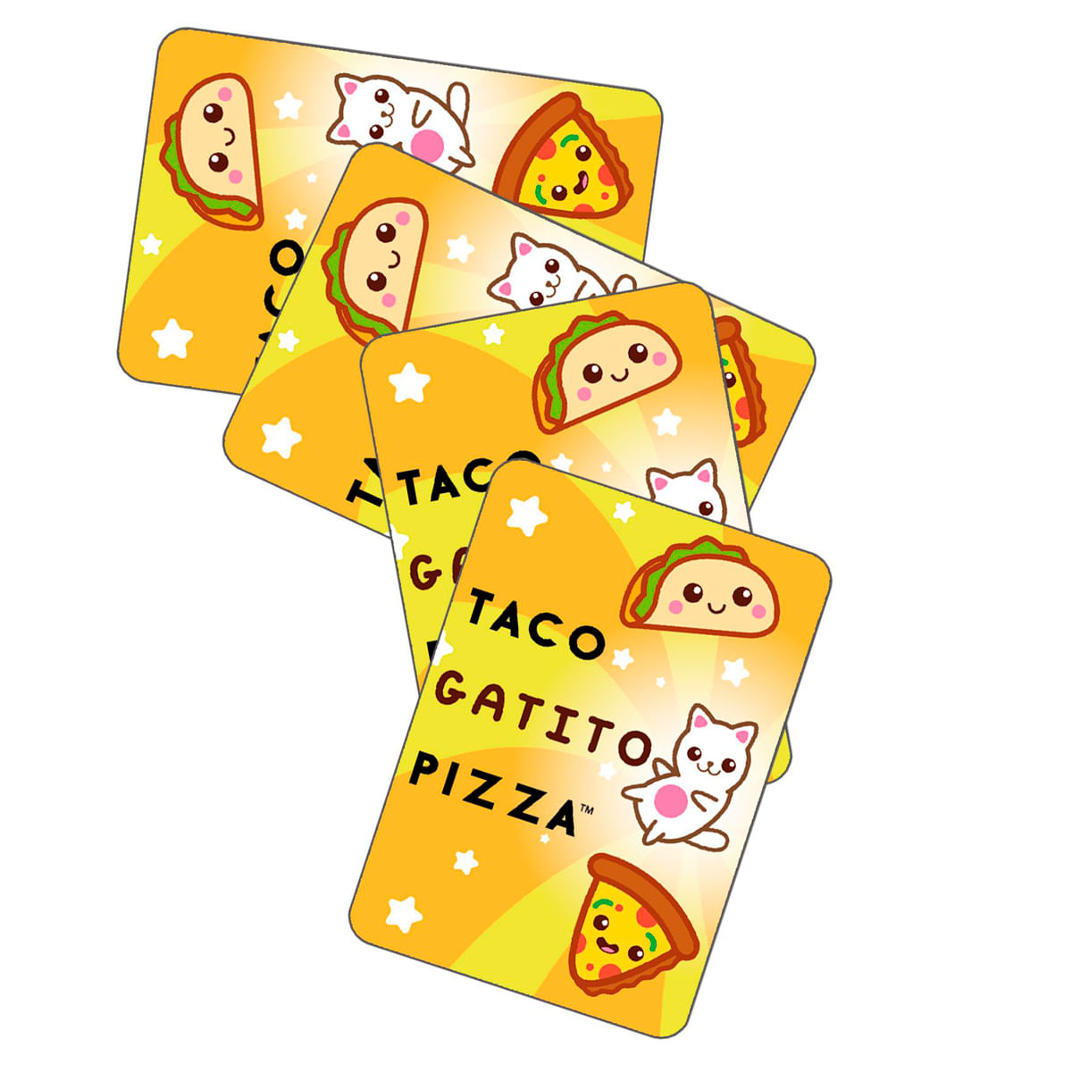 Tarjetas coloridas con gatos kawaii, tacos y porciones de pizza sobre fondo amarillo.