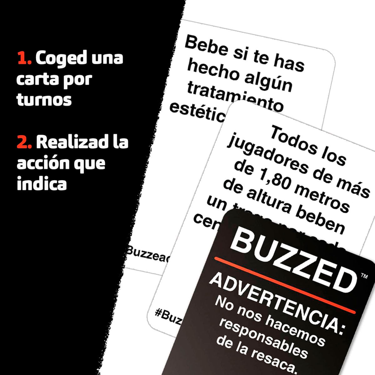 Cartas de juego con instrucciones: Roba una carta, haz la acción. Advertencia!