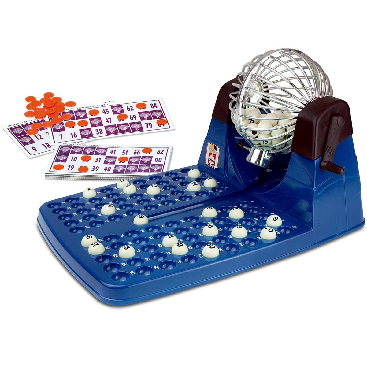 Un juego de bingo con base azul, tablero de números, tarjetas, bolas y jaula giratoria.