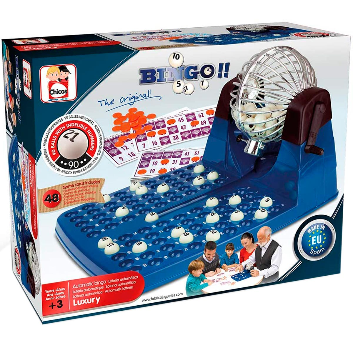 Juego de bingo con dispensador de bolas azul de manivela, tarjetas y bolas.