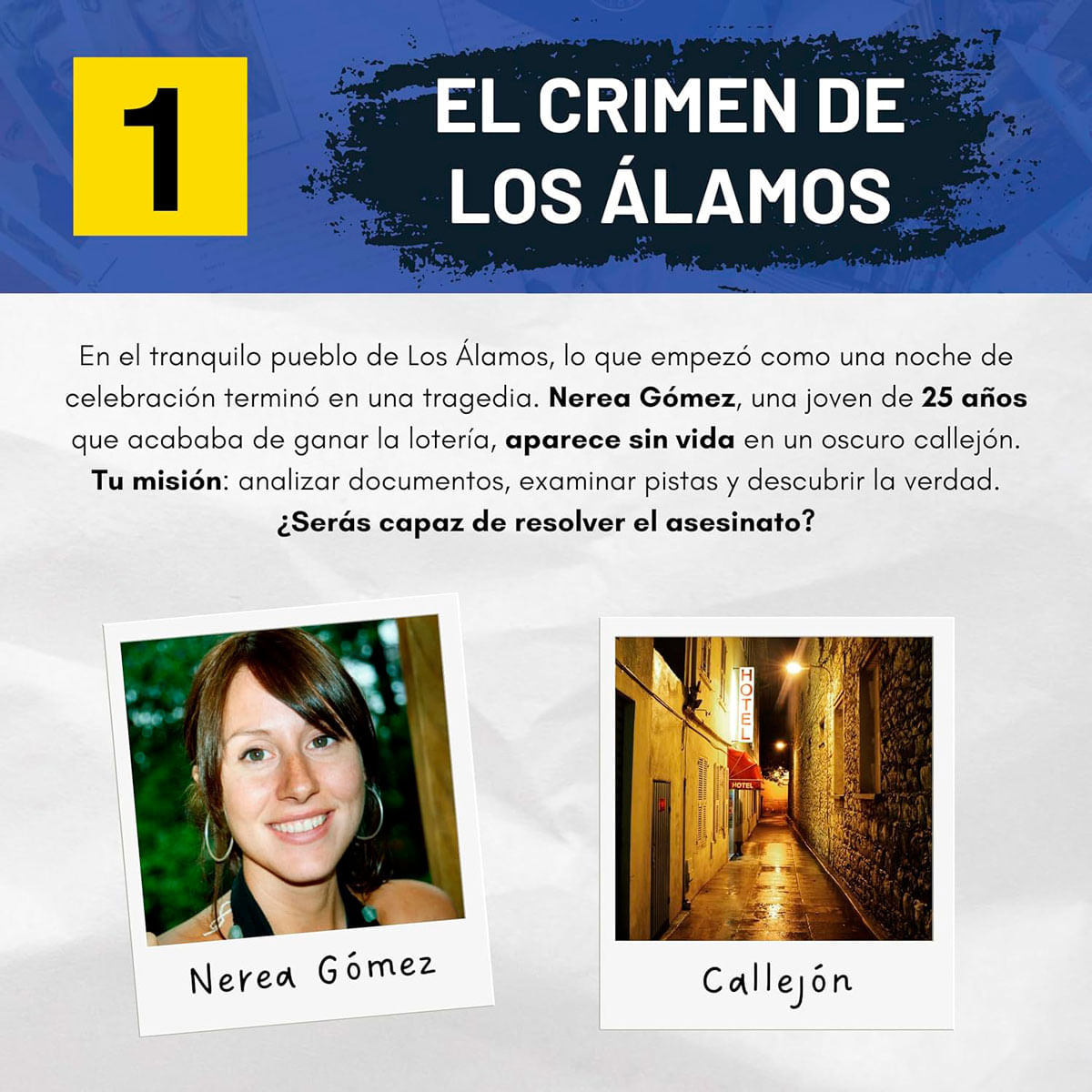 Retrato de una joven sonriente y un callejón oscuro con un hotel.