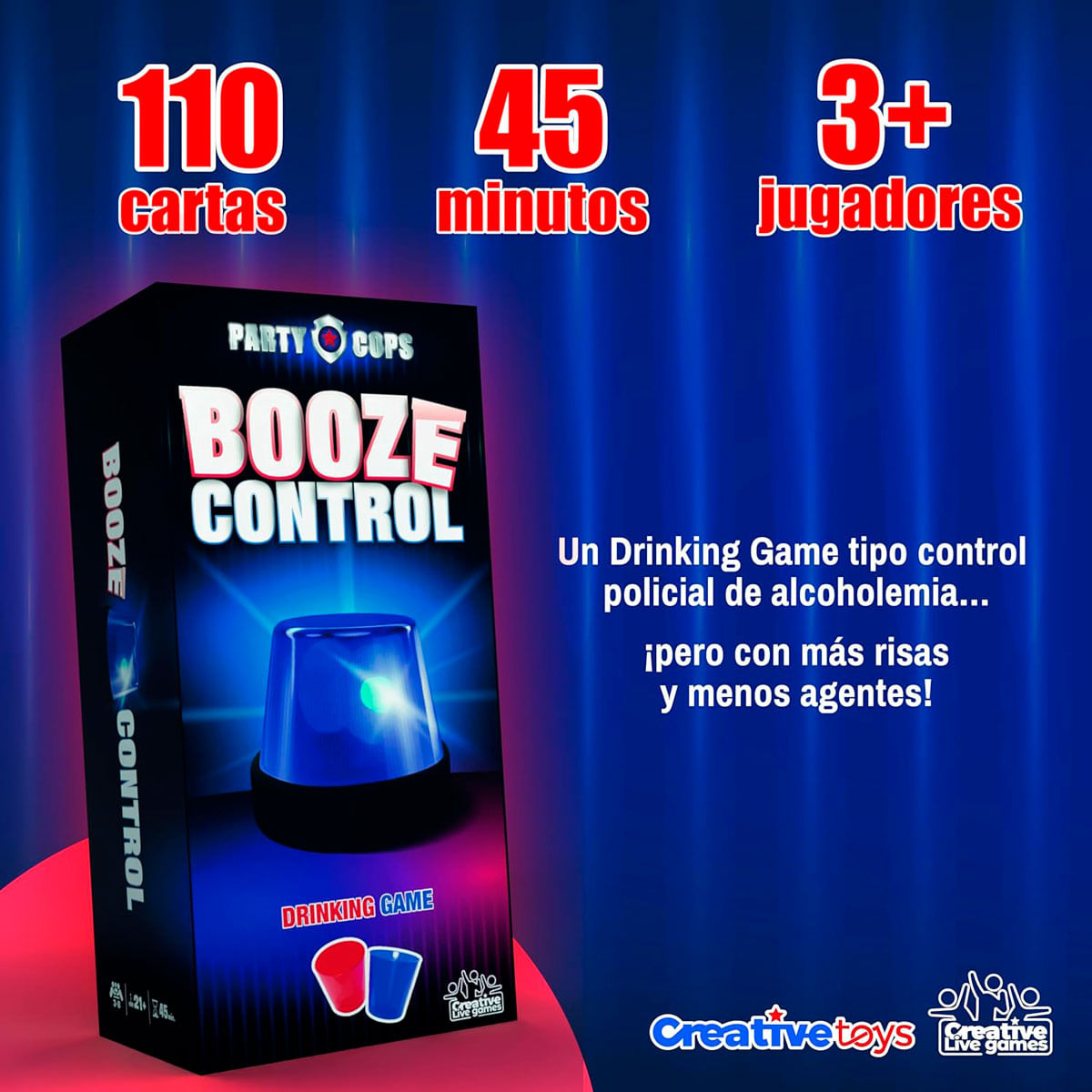 Caja de juego 'Booze Control', con luz azul, 2 vasos, 110 cartas.