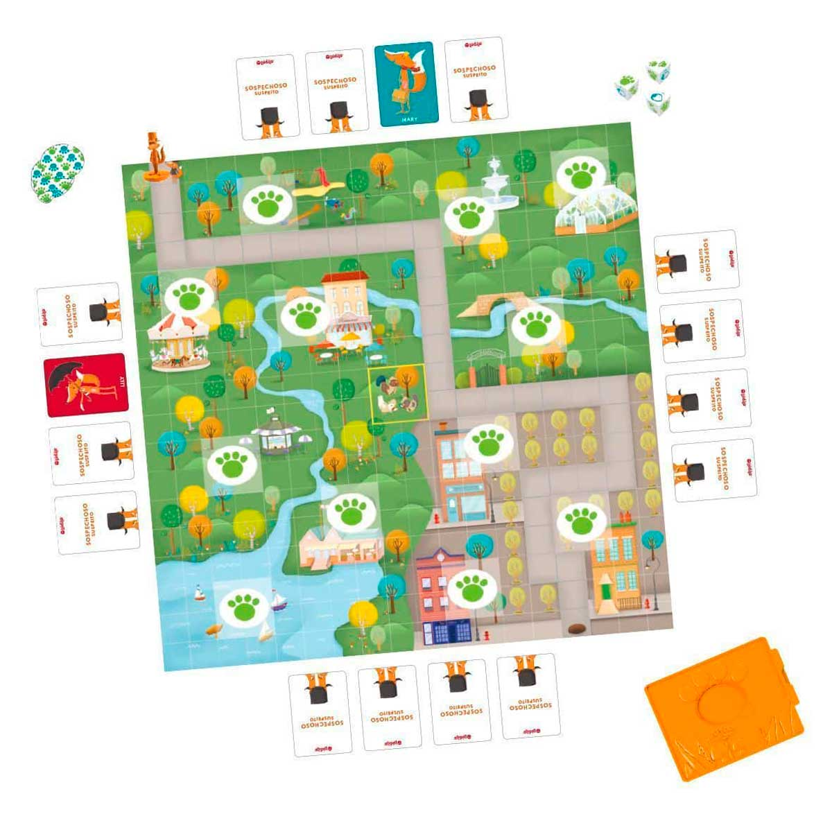 Juego de mesa con mapa de ciudad, cartas, dados y peones sobre fondo blanco.